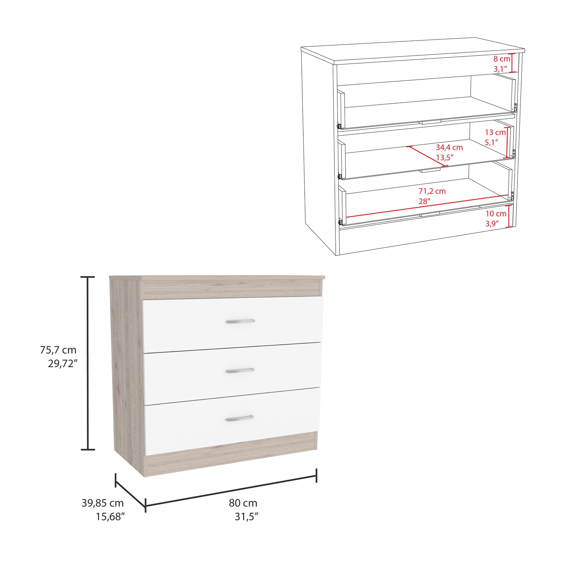 Three Drawer Dresser Lial, Superior Top, Metal Hardware, Light Gray White Finish Light Gray Particle Board