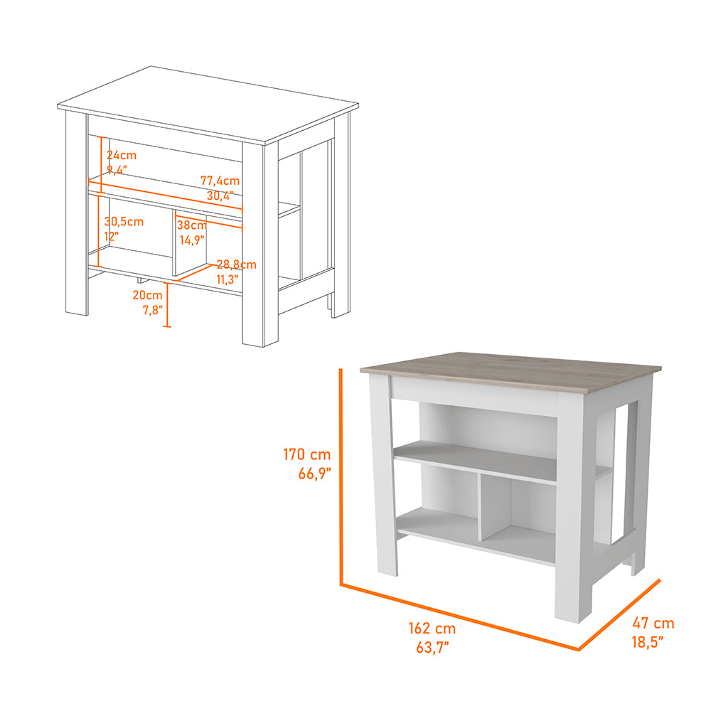 Kitchen Island Antibacterial Dozza, Three Shelves, Light Gray White Finish Light Gray Particle Board