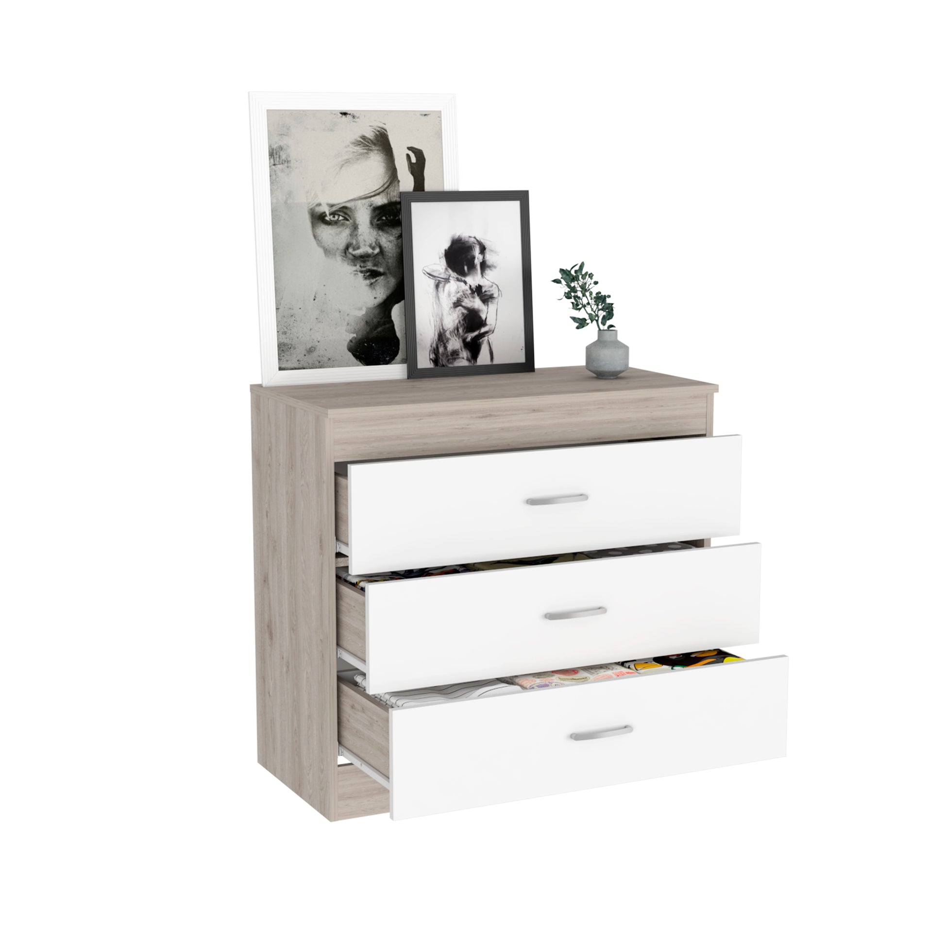 Three Drawer Dresser Lial, Superior Top, Metal Hardware, Light Gray White Finish Light Gray Particle Board