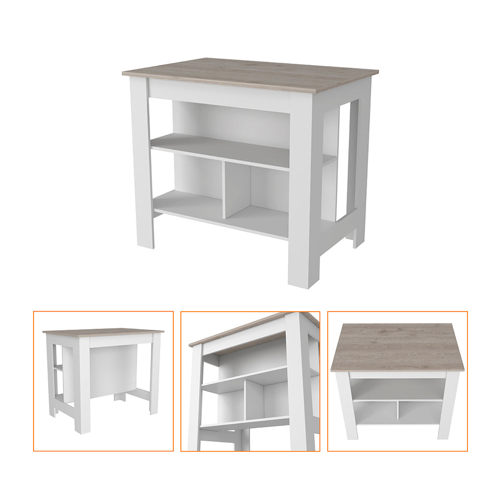 Kitchen Island Antibacterial Dozza, Three Shelves, Light Gray White Finish Light Gray Particle Board