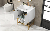 24" Bathroom Vanity With Sink, Bathroom Vanity Cabinet With Two Doors And Gold Metal Frame, Open Storage Shelf, White White Solid Wood Mdf