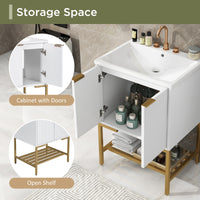 24" Bathroom Vanity With Sink, Bathroom Vanity Cabinet With Two Doors And Gold Metal Frame, Open Storage Shelf, White White Solid Wood Mdf