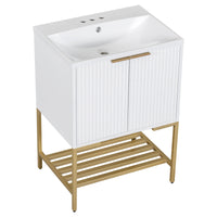 24" Bathroom Vanity With Sink, Bathroom Vanity Cabinet With Two Doors And Gold Metal Frame, Open Storage Shelf, White White Solid Wood Mdf