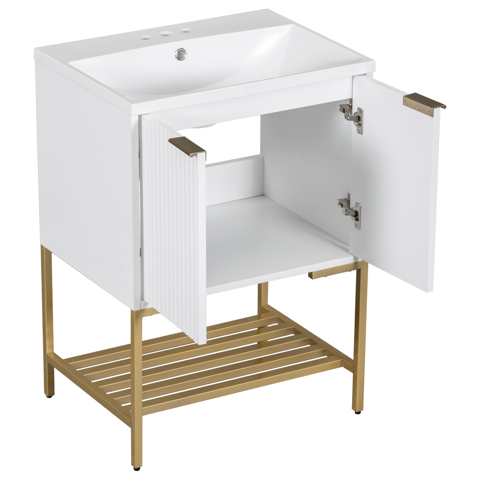 24" Bathroom Vanity With Sink, Bathroom Vanity Cabinet With Two Doors And Gold Metal Frame, Open Storage Shelf, White White Solid Wood Mdf