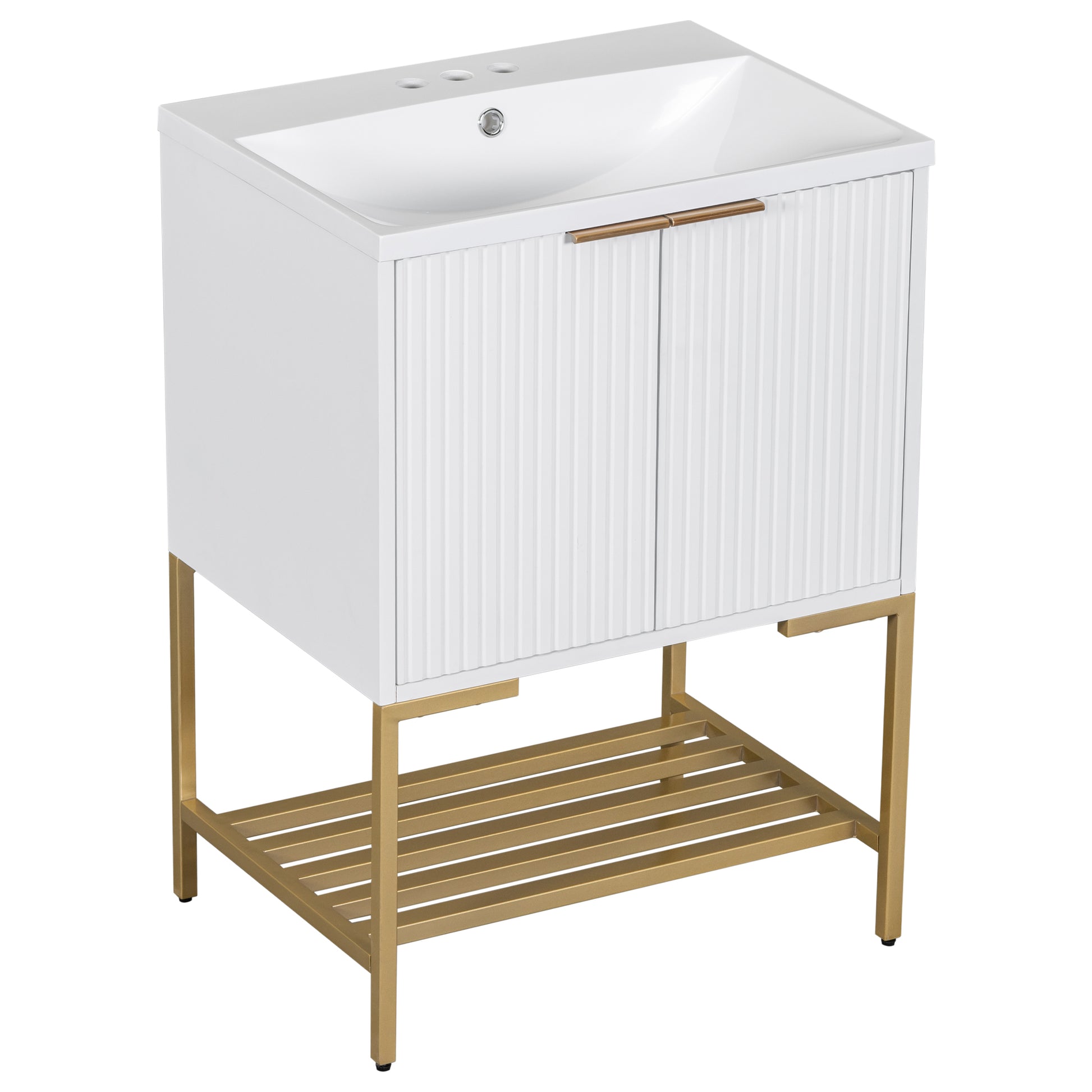 24" Bathroom Vanity With Sink, Bathroom Vanity Cabinet With Two Doors And Gold Metal Frame, Open Storage Shelf, White White Solid Wood Mdf