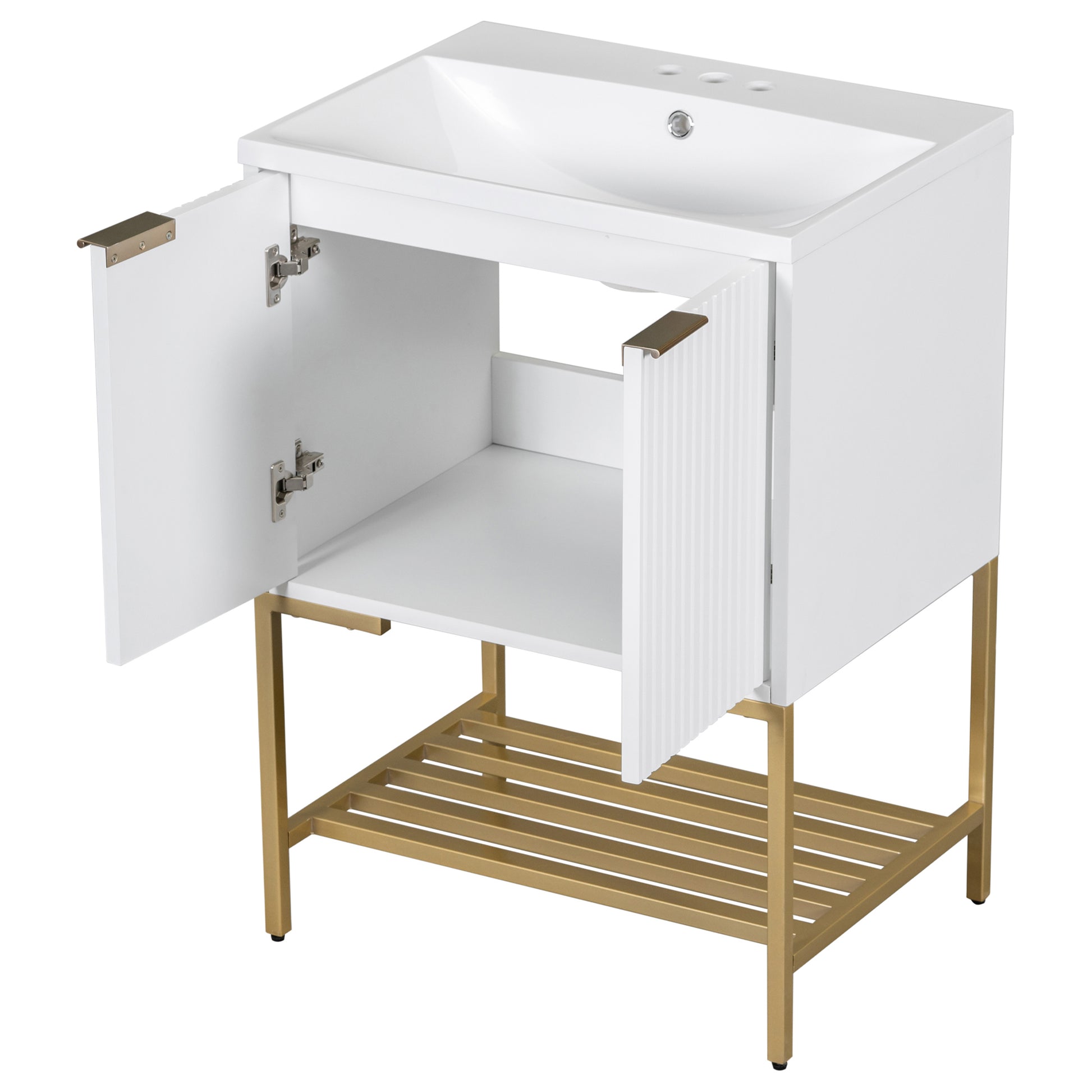 24" Bathroom Vanity With Sink, Bathroom Vanity Cabinet With Two Doors And Gold Metal Frame, Open Storage Shelf, White White Solid Wood Mdf