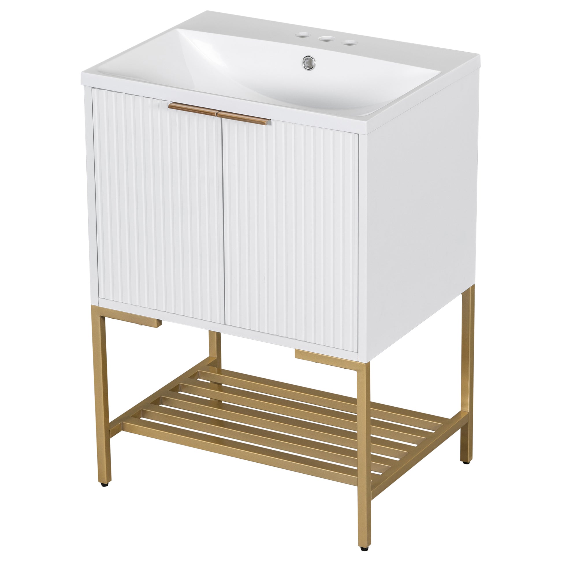 24" Bathroom Vanity With Sink, Bathroom Vanity Cabinet With Two Doors And Gold Metal Frame, Open Storage Shelf, White White Solid Wood Mdf