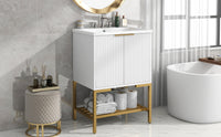 24" Bathroom Vanity With Sink, Bathroom Vanity Cabinet With Two Doors And Gold Metal Frame, Open Storage Shelf, White White Solid Wood Mdf