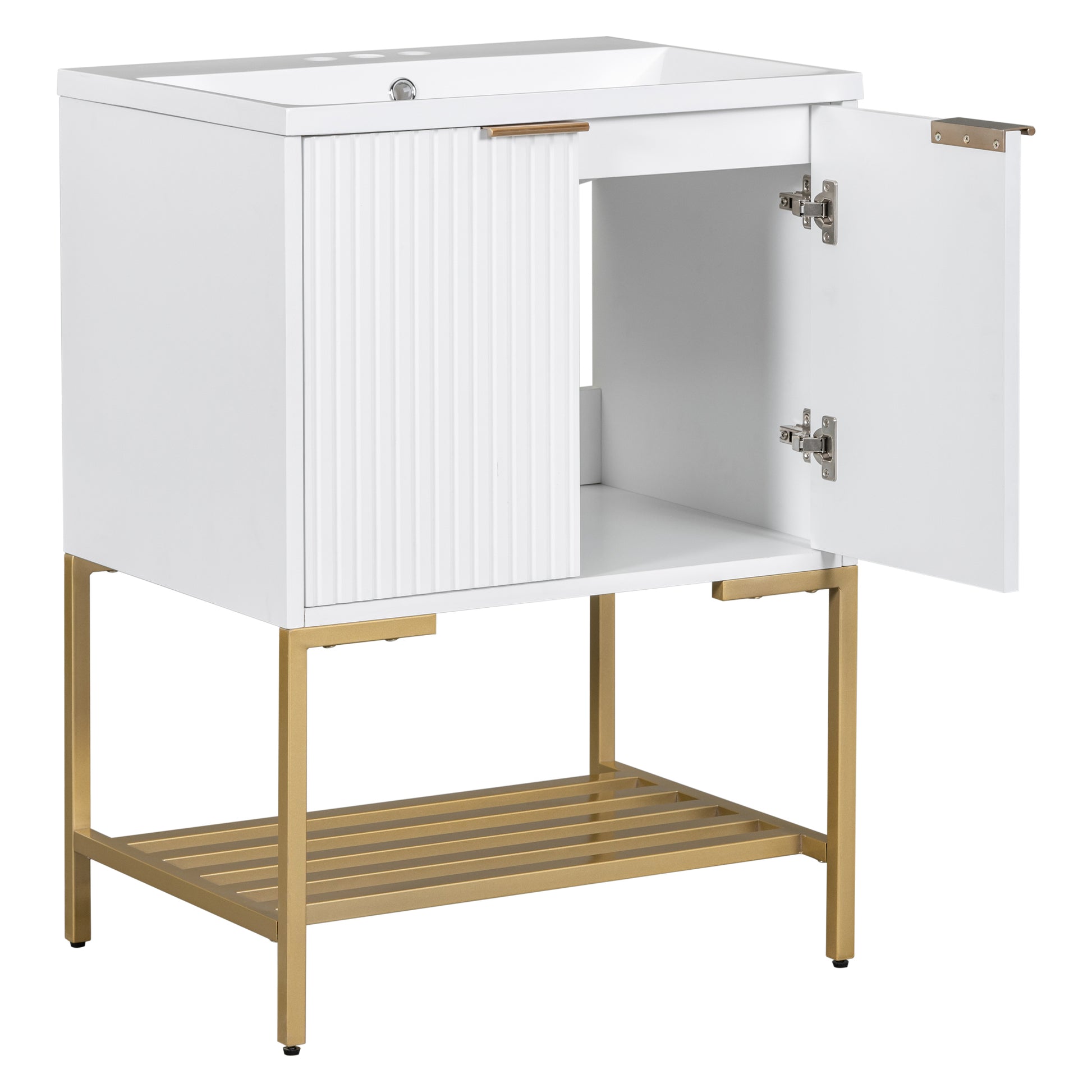 24" Bathroom Vanity With Sink, Bathroom Vanity Cabinet With Two Doors And Gold Metal Frame, Open Storage Shelf, White White Solid Wood Mdf