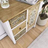 Hand Carved Accent Cabinet With Vintage Charm Versatile Storage And Distinctive Design Fully Assembled 3 4 Drawers White Washed Primary Living Space Shelves Included Wood