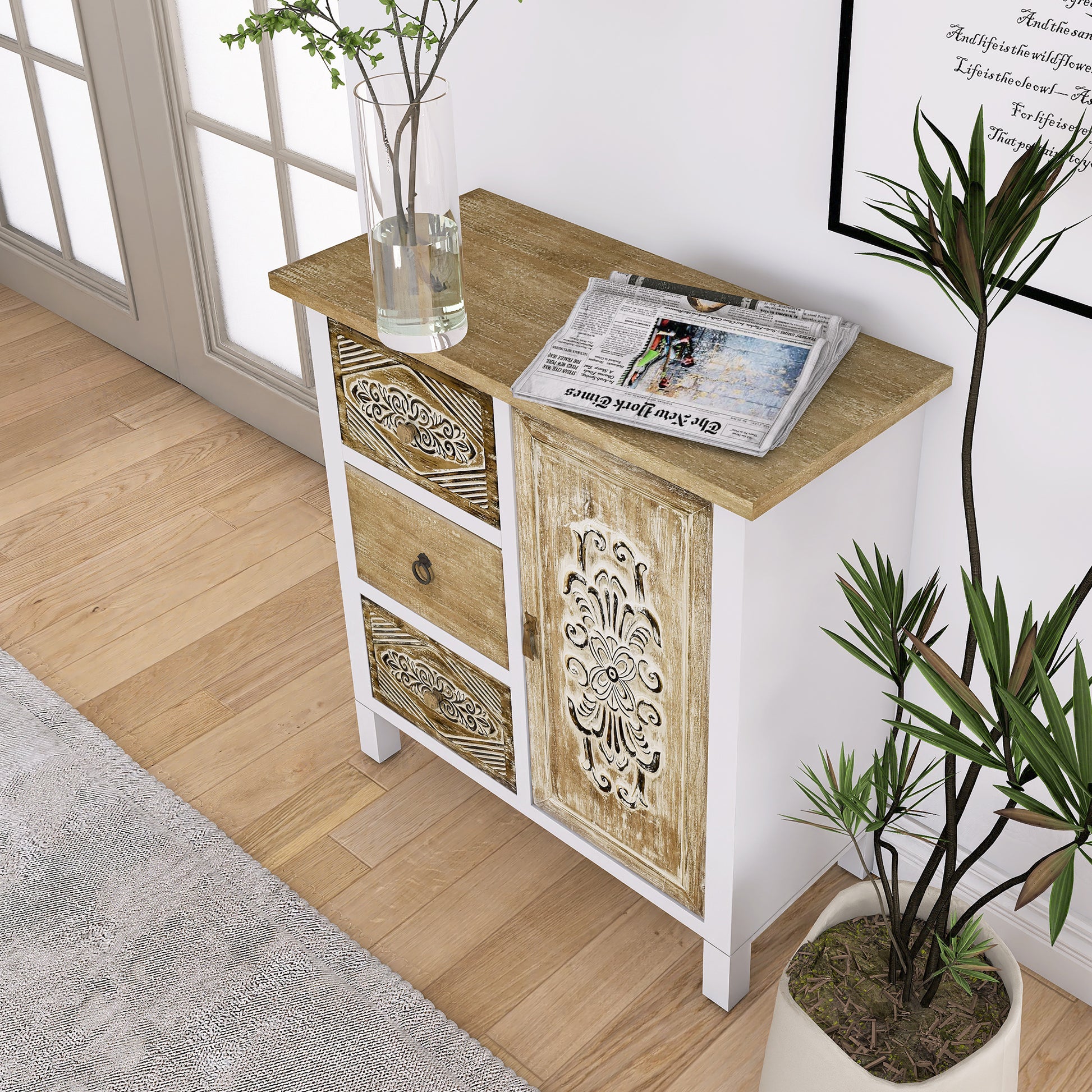 Hand Carved Accent Cabinet With Vintage Charm Versatile Storage And Distinctive Design Fully Assembled 3 4 Drawers White Washed Primary Living Space Shelves Included Wood