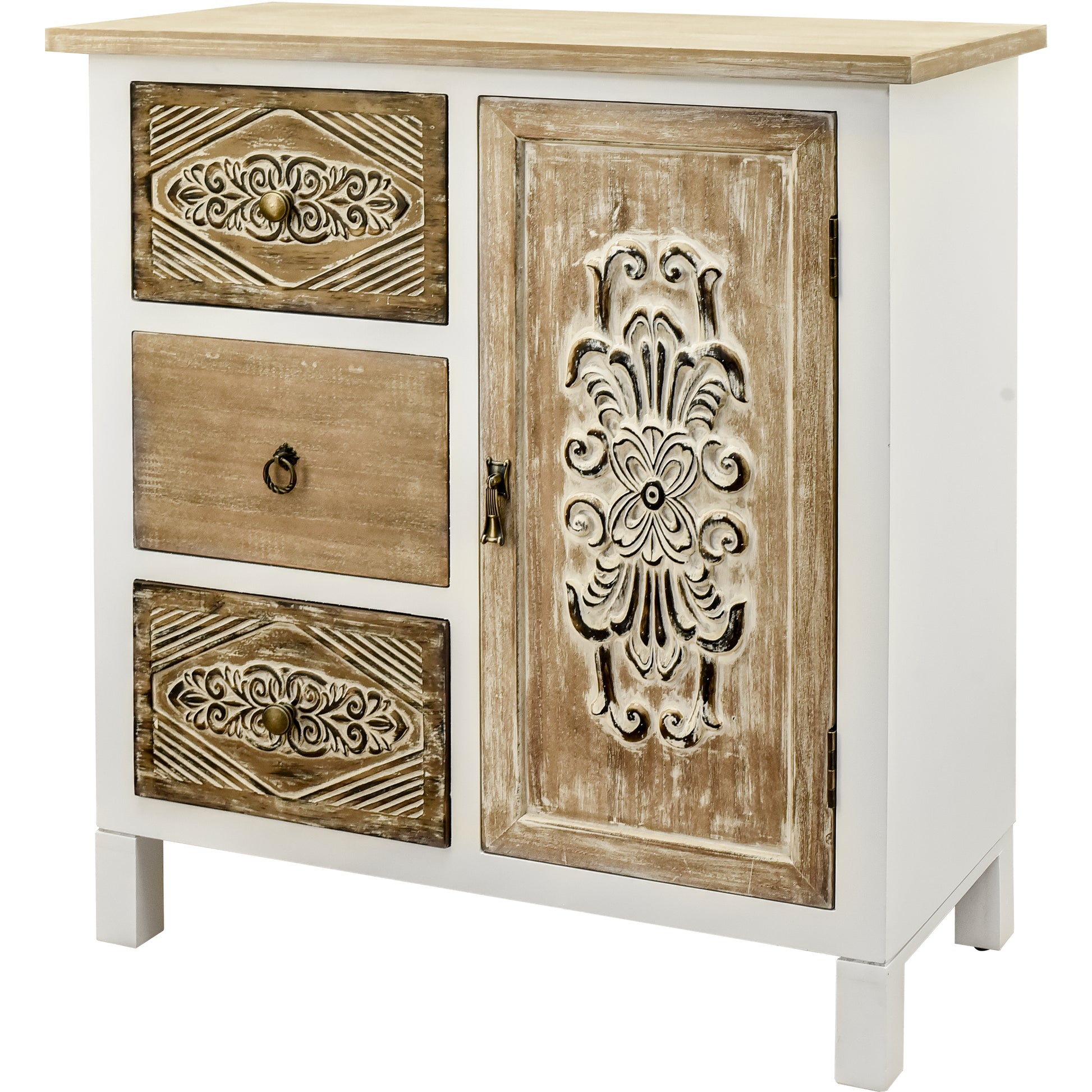 Hand Carved Accent Cabinet With Vintage Charm Versatile Storage And Distinctive Design Fully Assembled 3 4 Drawers White Washed Primary Living Space Shelves Included Wood