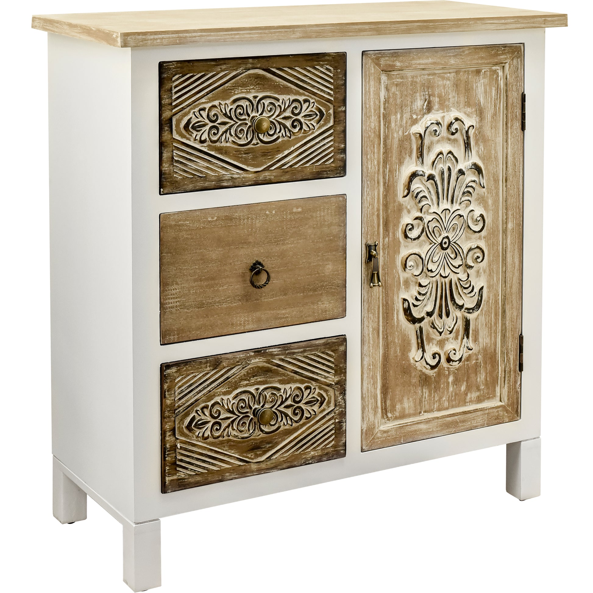 Hand Carved Accent Cabinet With Vintage Charm Versatile Storage And Distinctive Design Fully Assembled 3 4 Drawers White Washed Primary Living Space Shelves Included Wood