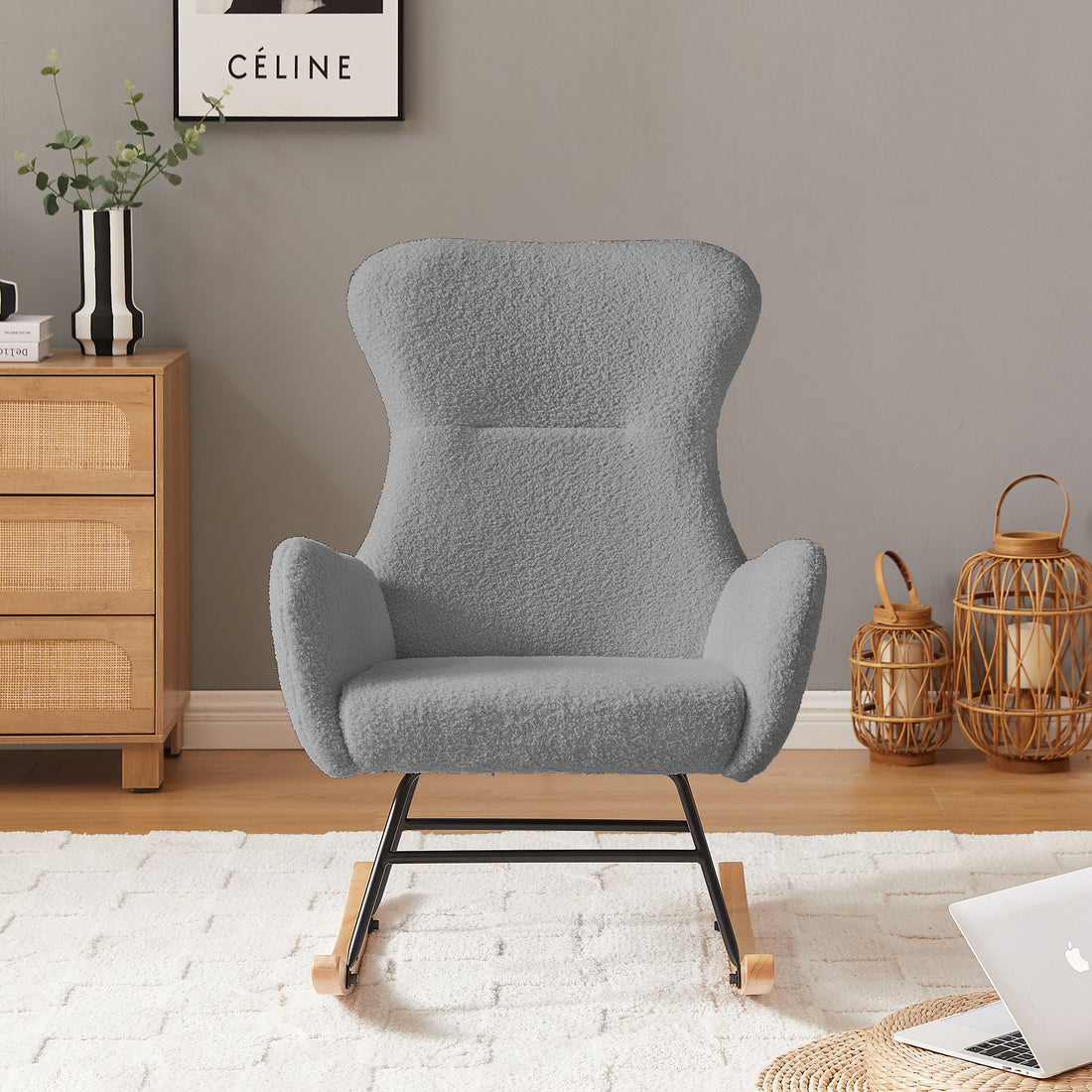 Grey Teddy Fabric Rocking Chair Grey Foam Metal