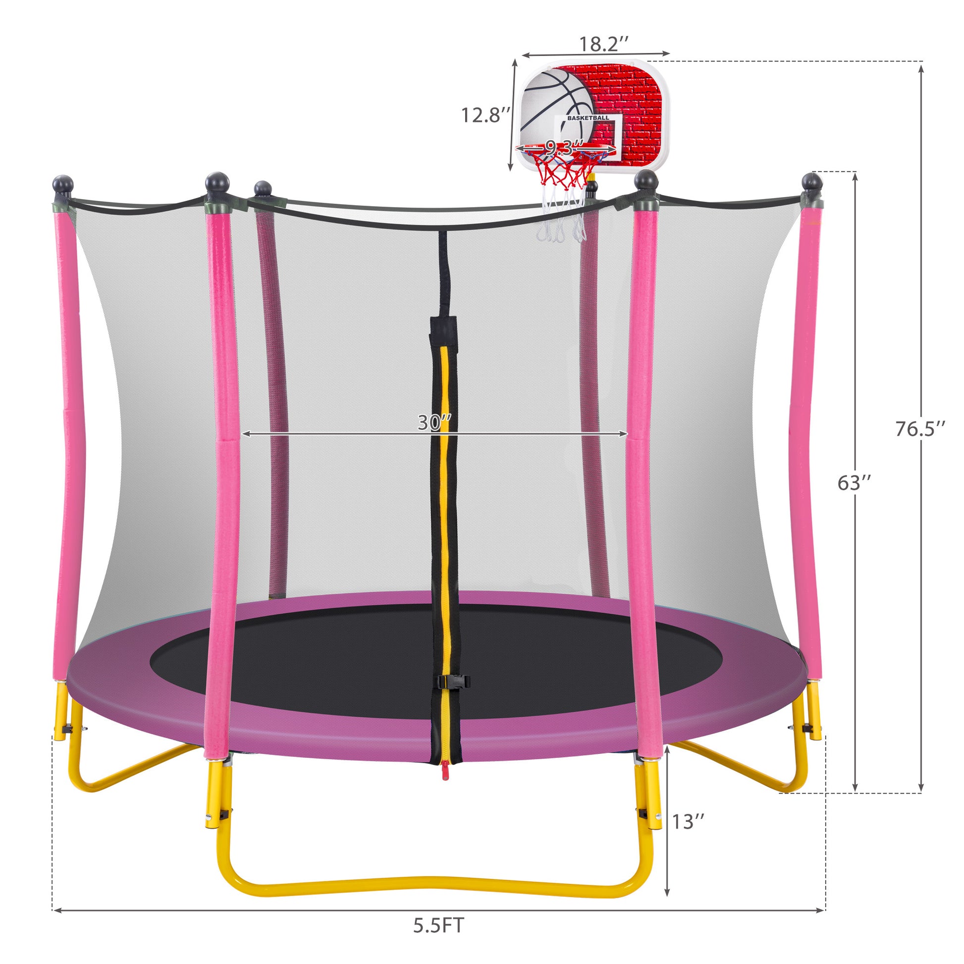 5.5Ft Trampoline For Kids 65" Outdoor & Indoor Mini Toddler Trampoline With Enclosure, Basketball Hoop And Ball Included Pink Metal