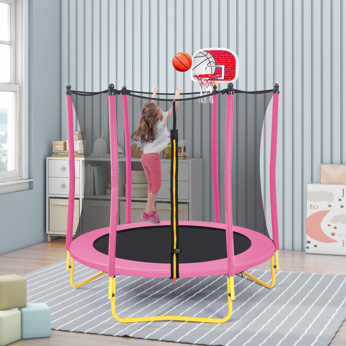 5.5Ft Trampoline For Kids 65" Outdoor & Indoor Mini Toddler Trampoline With Enclosure, Basketball Hoop And Ball Included Pink Metal