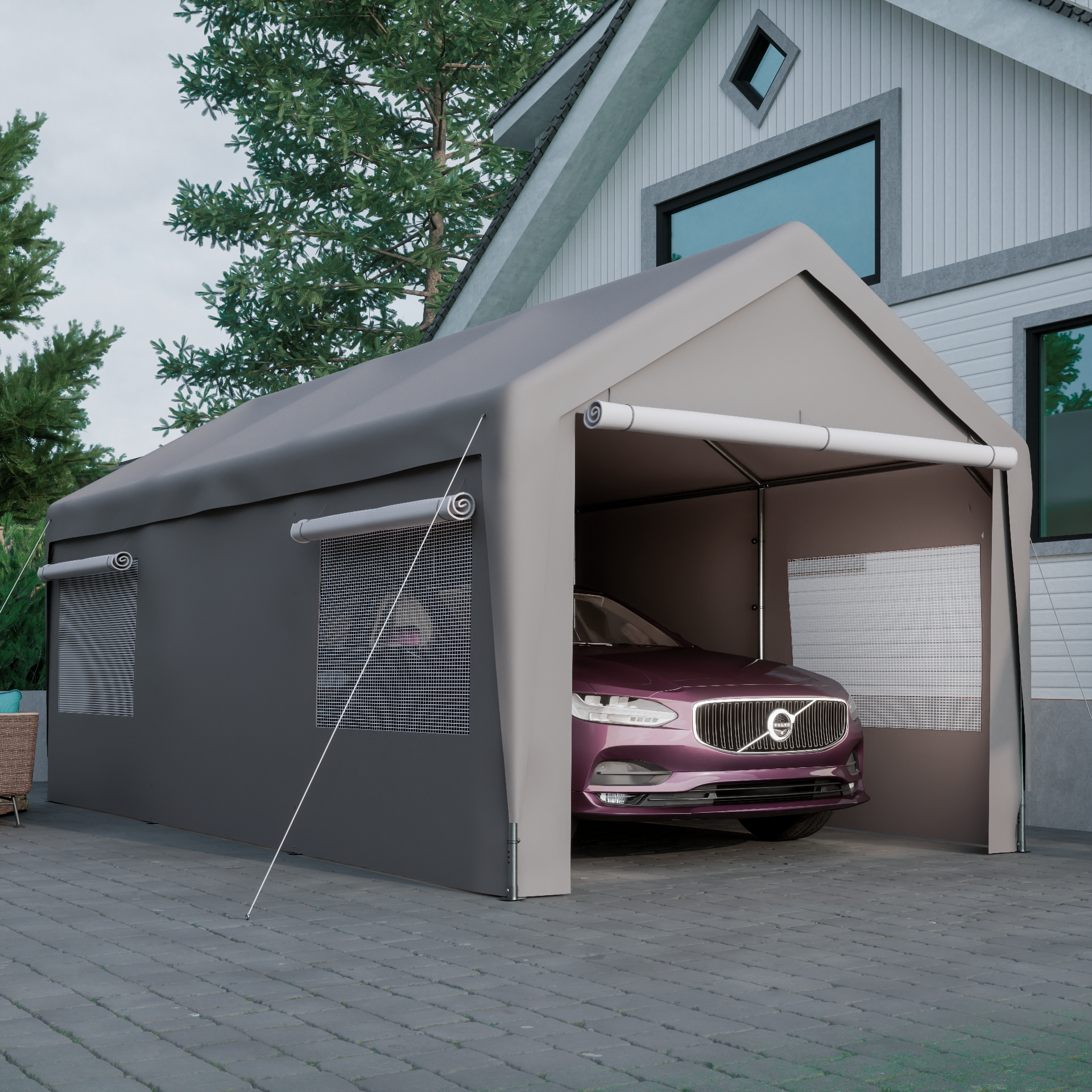 Carport Canopy 10X20 Ft Heavy Duty Boat Car Canopy Garage With Removable Sidewalls And Roll Up Ventilated Windows Grey Metal