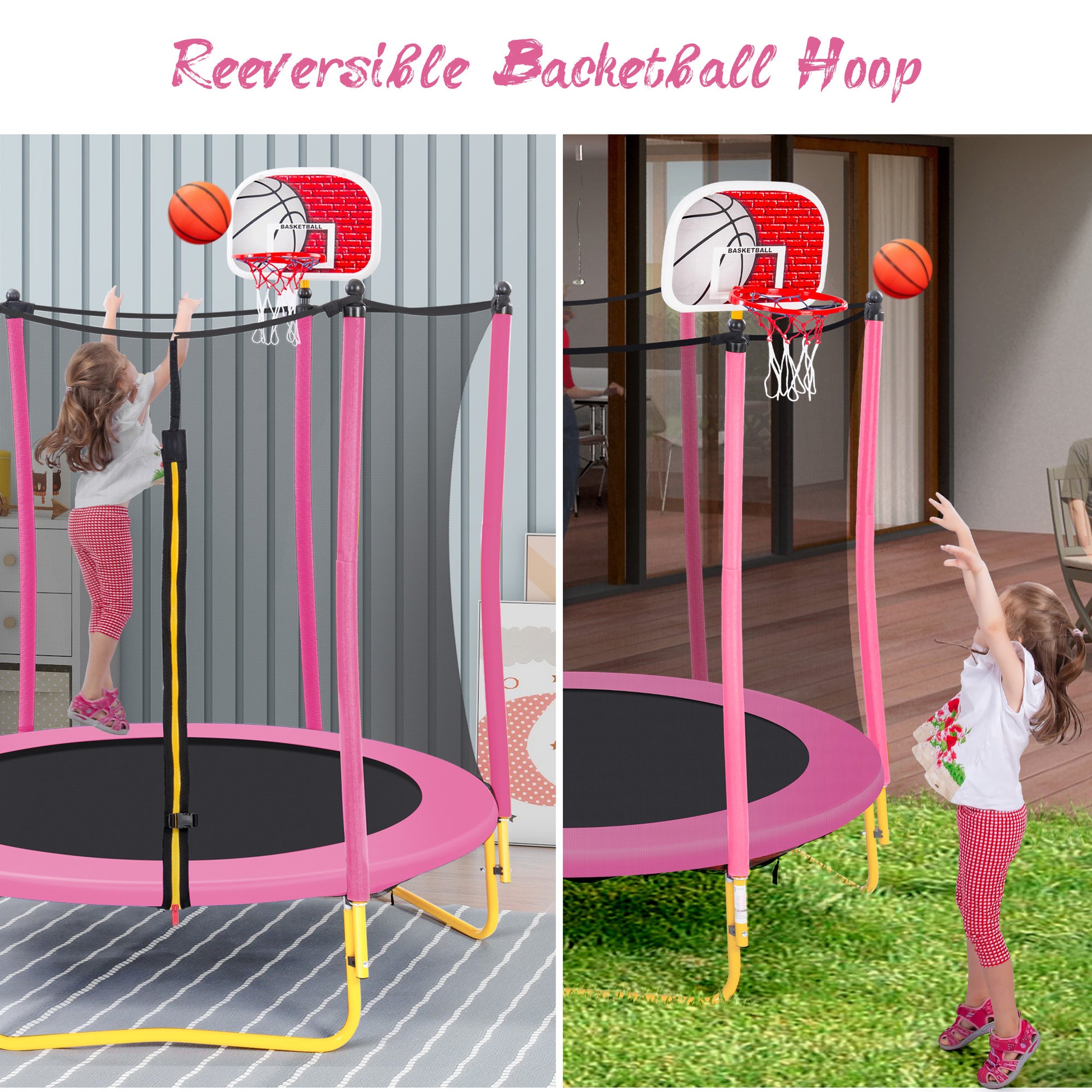 5.5Ft Trampoline For Kids 65" Outdoor & Indoor Mini Toddler Trampoline With Enclosure, Basketball Hoop And Ball Included Pink Metal