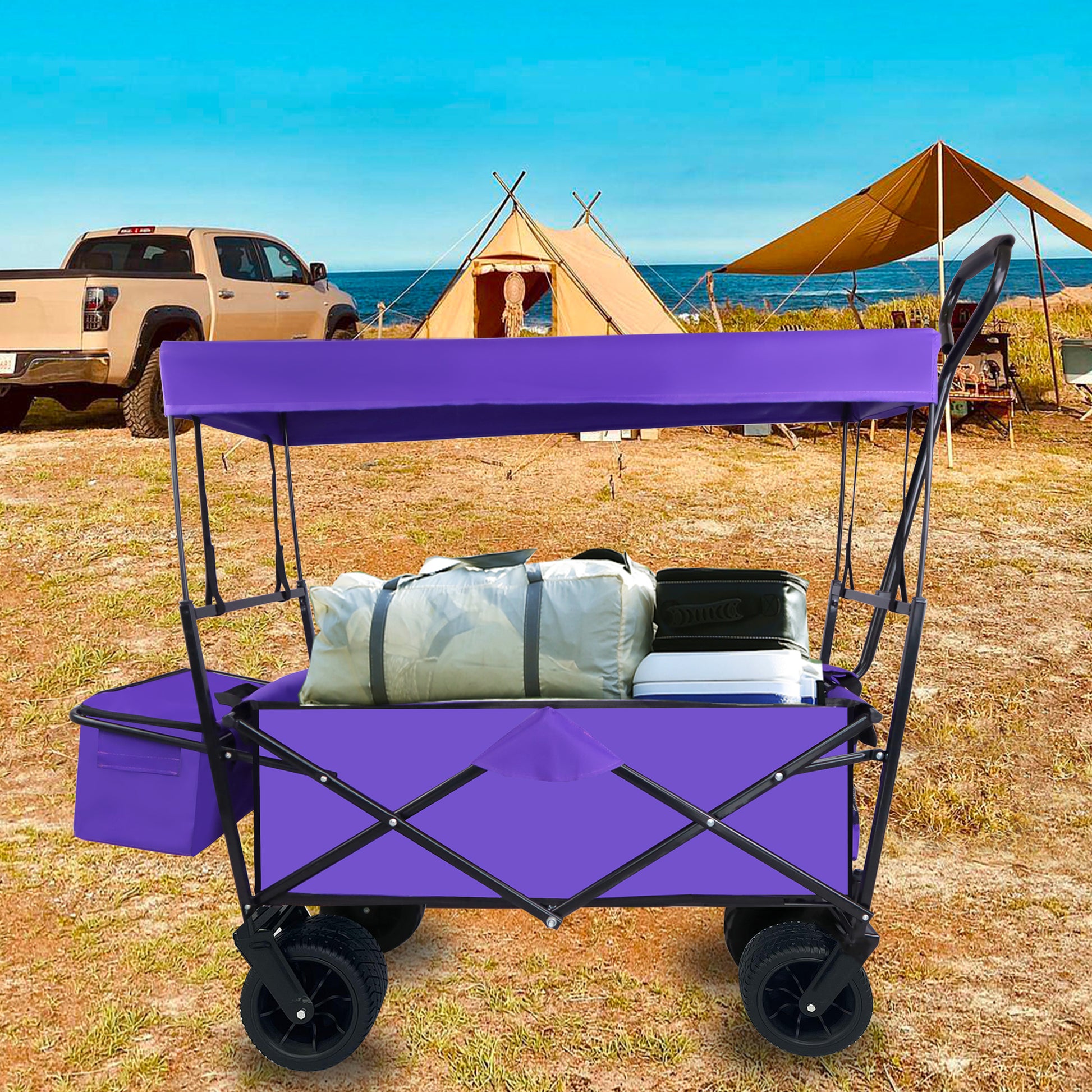 Outdoor Garden Park Utility Kids Wagon Portable Beach Trolley Cart Camping Foldable Folding Wagon Purple Fabric Steel