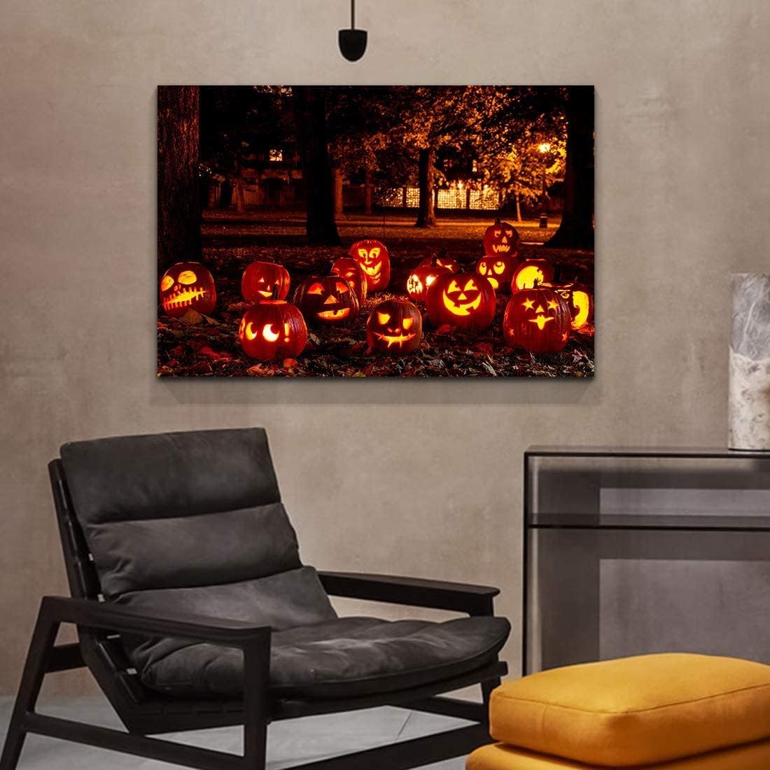 Drop Ping Framed Canvas Wall Art Decor Painting For Halloween, Jack O Lanterns Groups Painting For Halloween Gift, Decoration For Halloween Living Room, Bedroom Decor Ready To Hang Rectangle Framed Multicolor Halloween Oversized 41In Canvas Cultures And