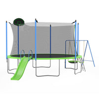 12Ft Trampoline With Slide And Swings, Astm Approved Large Recreational Trampoline With Basketball Hoop And Ladder,Outdoor Backyard Trampoline With Net, Capacity For Kids And Adults Green Metal