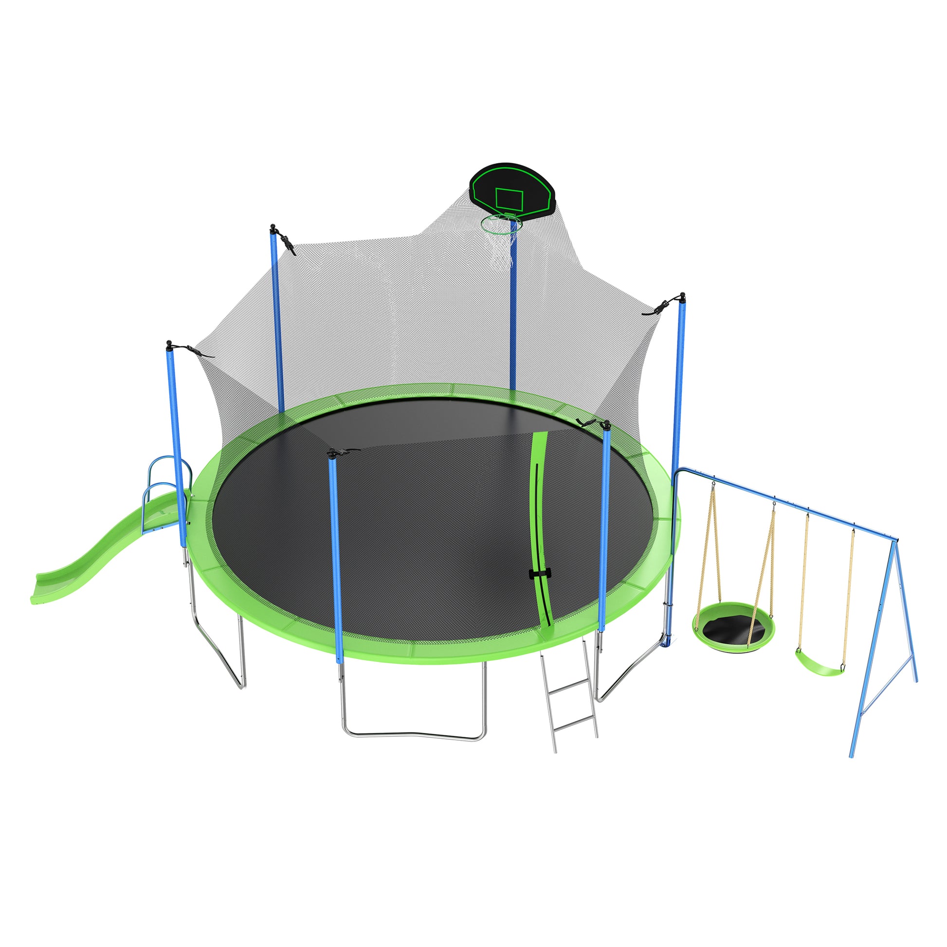 12Ft Trampoline With Slide And Swings, Astm Approved Large Recreational Trampoline With Basketball Hoop And Ladder,Outdoor Backyard Trampoline With Net, Capacity For Kids And Adults Green Metal