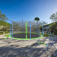 14Ft Trampoline With Slide And Swings, Astm Approved Large Recreational Trampoline With Basketball Hoop And Ladder,Outdoor Backyard Trampoline With Net, Capacity For Kids And Adults Green Metal