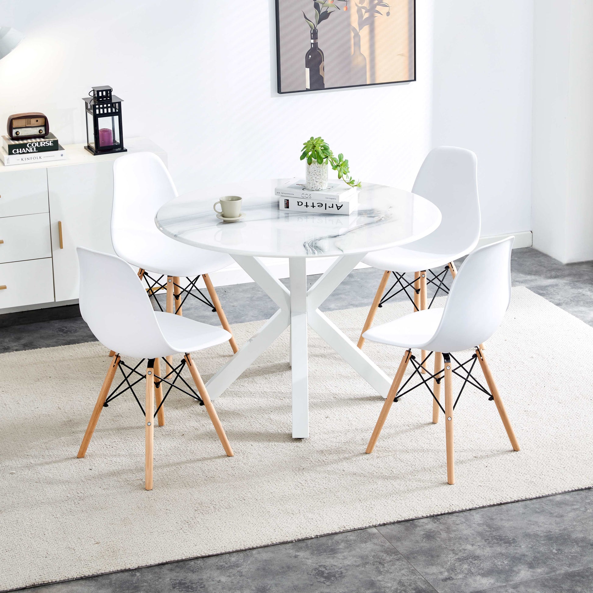 1 4,5Pieces Dining Set,42.1"White Table Cross Leg Mid Century Dining Table For 4 6 People With Round Mdf Table Top, Pedestal Dining Table, End Table Leisure Coffee Table White Kitchen & Dining Tables Mdf