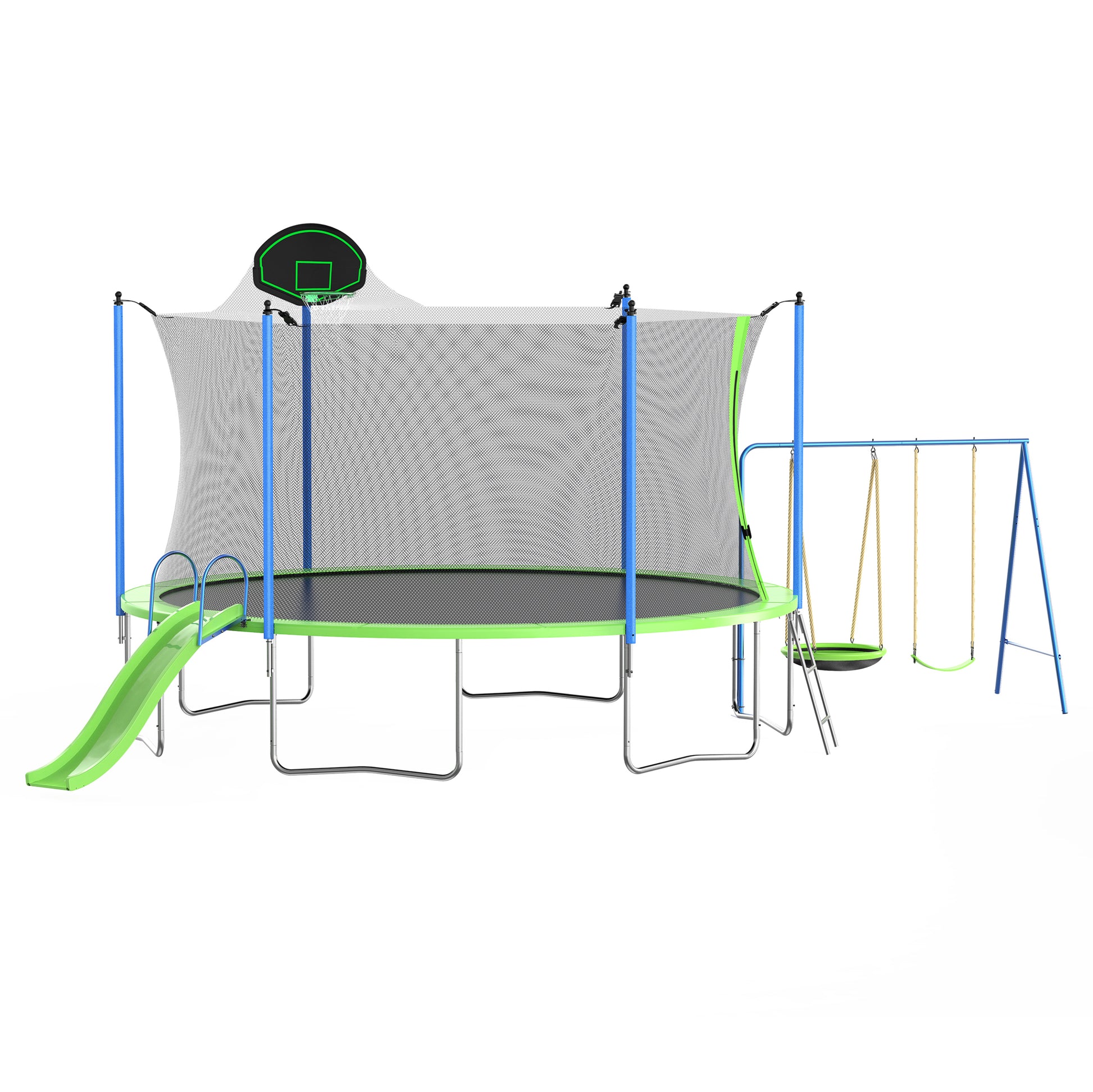 14Ft Trampoline With Slide And Swings, Astm Approved Large Recreational Trampoline With Basketball Hoop And Ladder,Outdoor Backyard Trampoline With Net, Capacity For Kids And Adults Green Metal