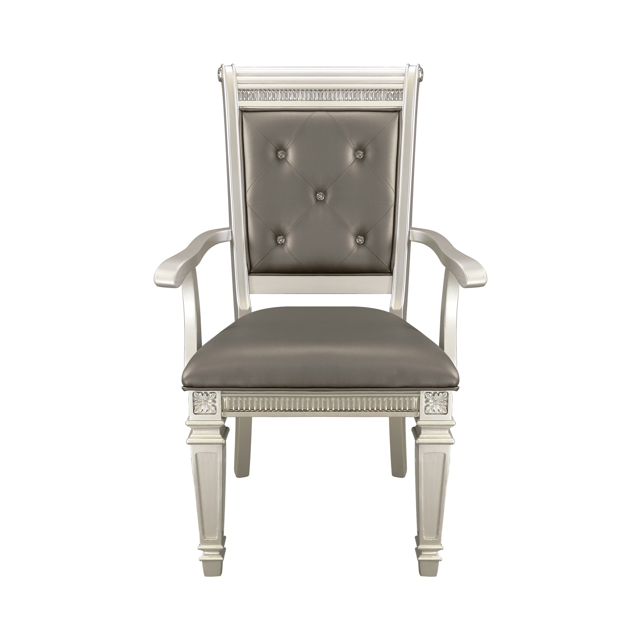 Modern Glam Silver Finish Dining Furniture Set Of 2 Armchairs Gray Faux Leather Upholstered Wooden Dining Room Furniture Silver Dining Room Glam,Modern Arm Chair Wood