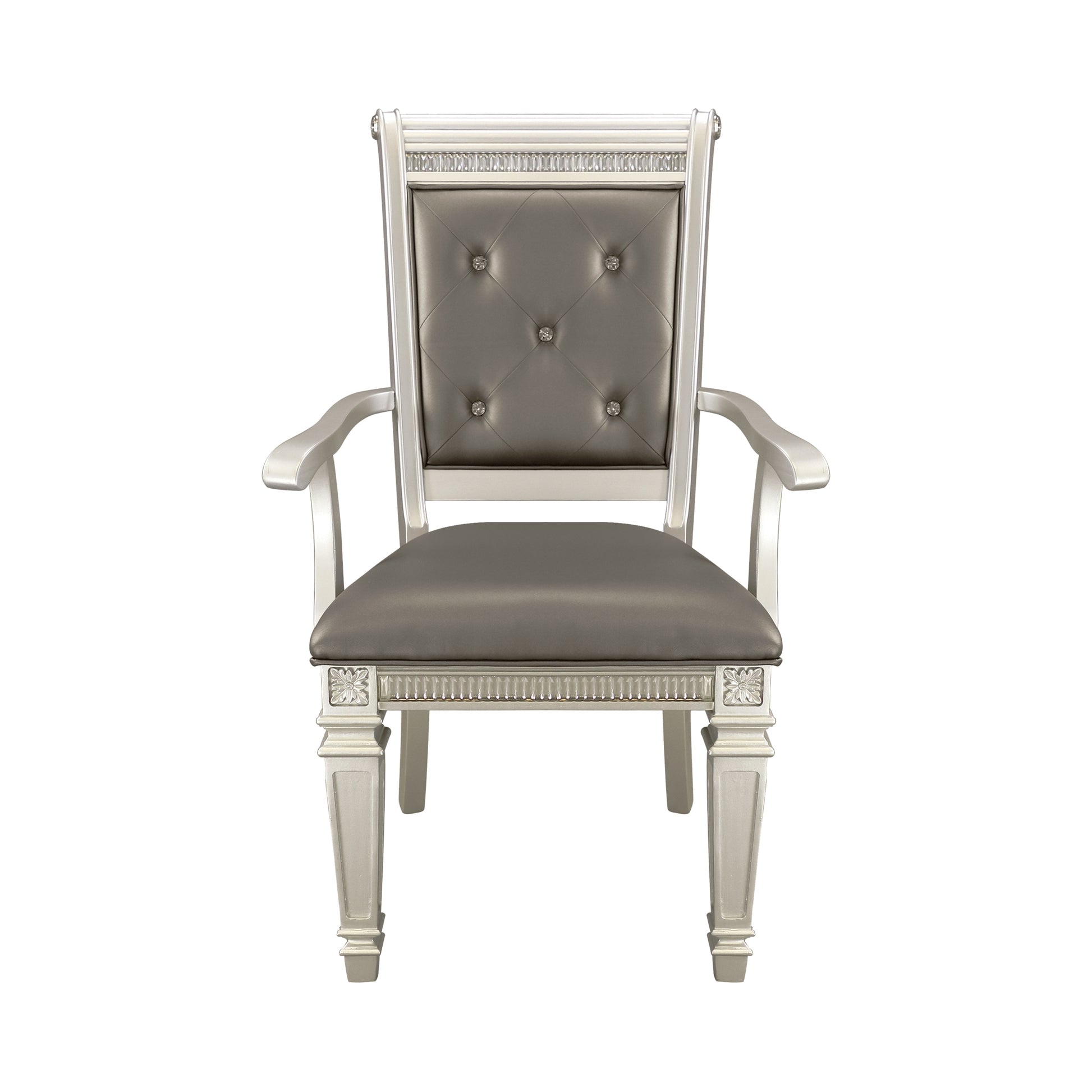 Modern Glam Silver Finish Dining Furniture Set Of 2 Armchairs Gray Faux Leather Upholstered Wooden Dining Room Furniture Silver Dining Room Glam,Modern Arm Chair Wood