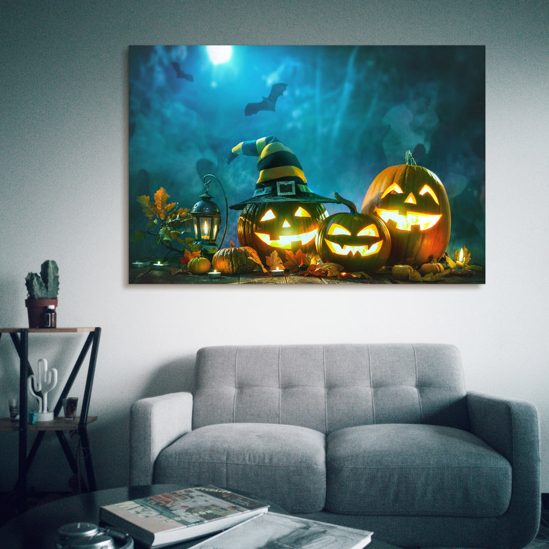 Drop Ping Framed Canvas Wall Art Decor Painting For Halloween, Jack O Lanterns With Wizard Hat Painting For Halloween Gift, Decoration For Halloween Living Room, Bedroom Decor Ready To Hang Rectangle Framed Multicolor Halloween Oversized 41In Canvas