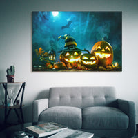 Drop Ping Framed Canvas Wall Art Decor Painting For Halloween, Jack O Lanterns With Wizard Hat Painting For Halloween Gift, Decoration For Halloween Living Room, Bedroom Decor Ready To Hang Rectangle Framed Multicolor Halloween Oversized 41In Canvas