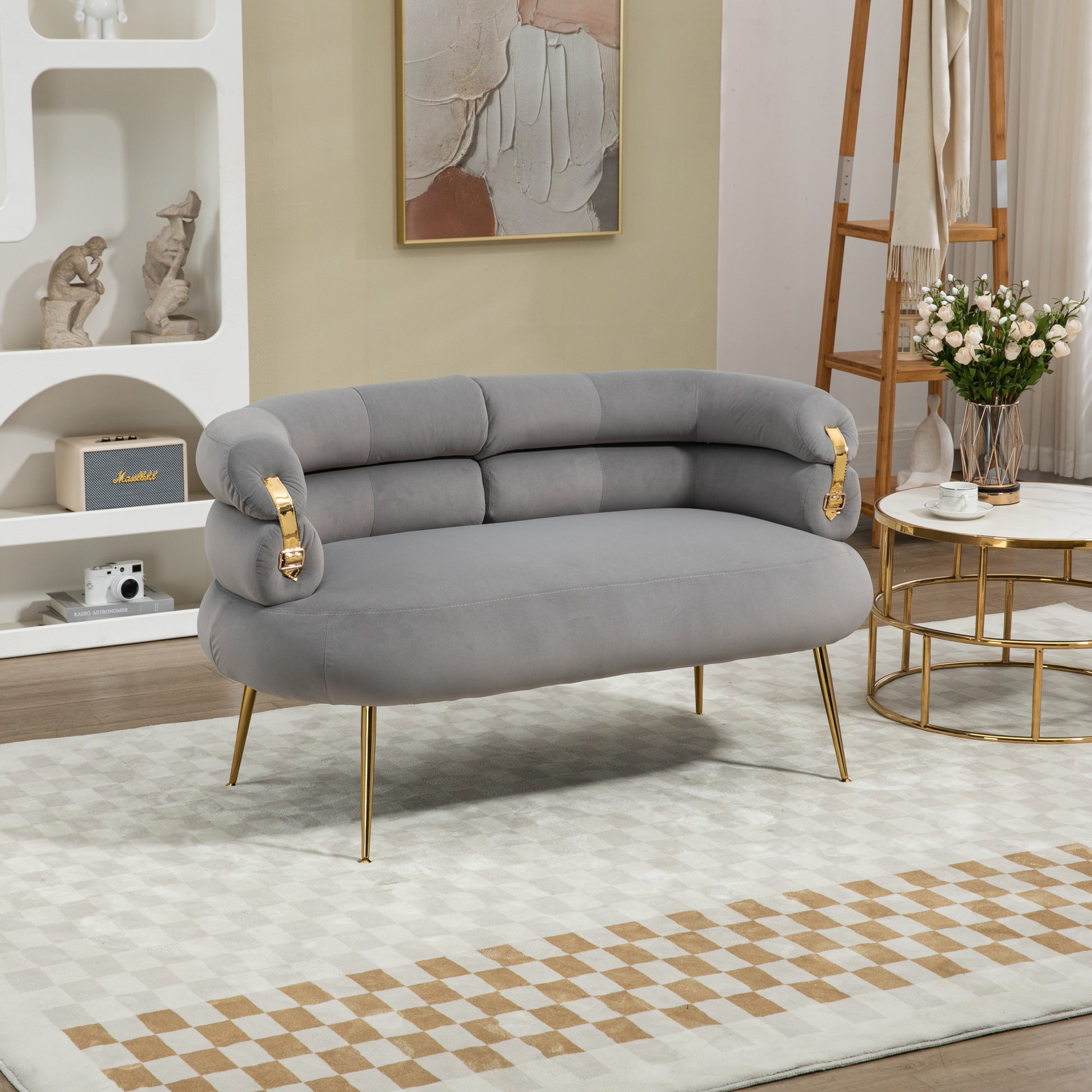 Coolmore Small Loveseat Sofa, Upholstered Mini Couch With Curved Backrest With Stylish Golden Decor, Small Comfy Beautiful Seat Leisure Accent Couch For Living Room, Bedroom, Office Gray Gray Foam Velvet