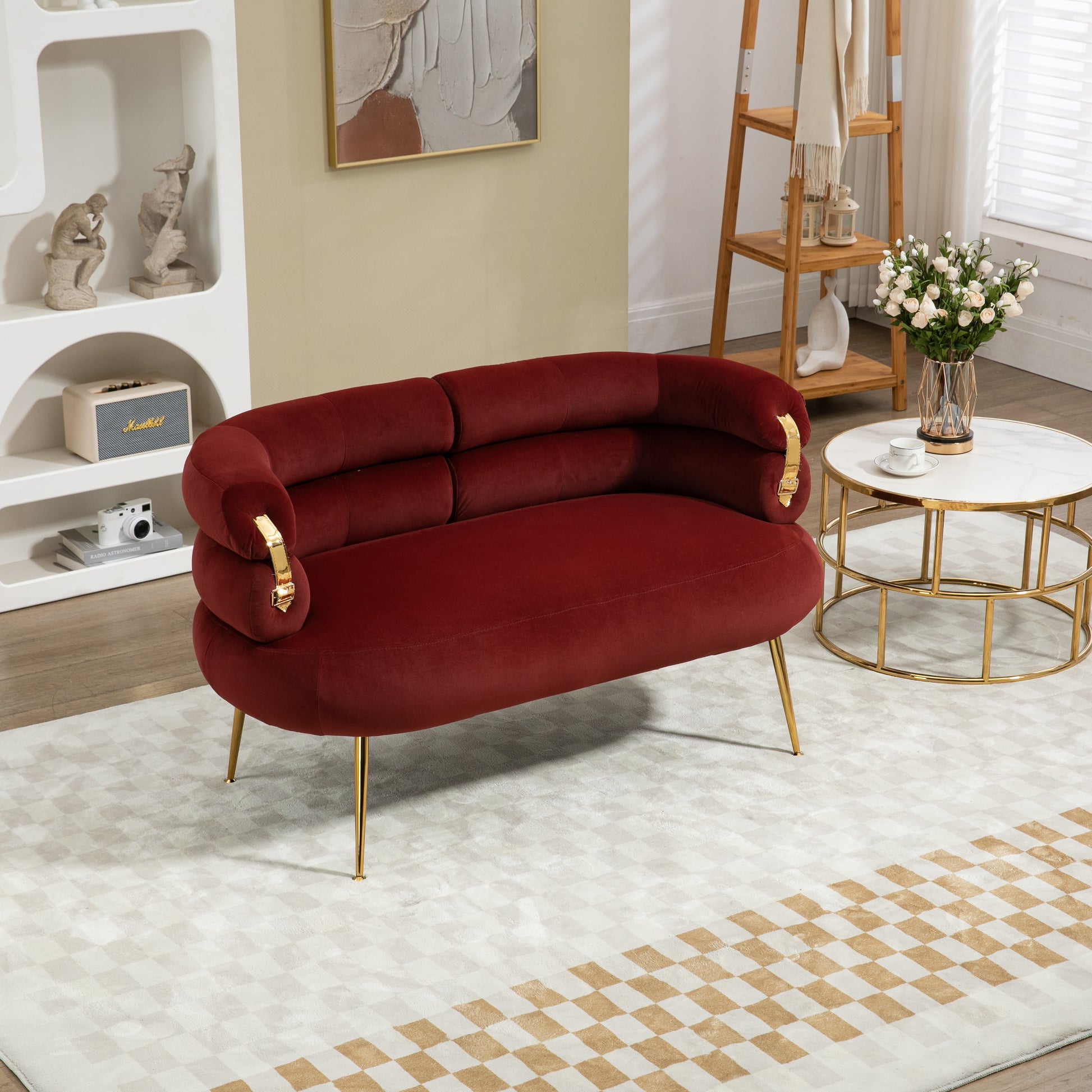 Coolmore Small Loveseat Sofa, Upholstered Mini Couch With Curved Backrest With Stylish Golden Decor, Small Comfy Beautiful Seat Leisure Accent Couch For Living Room, Bedroom, Office Wine Red Wine Red Foam Velvet