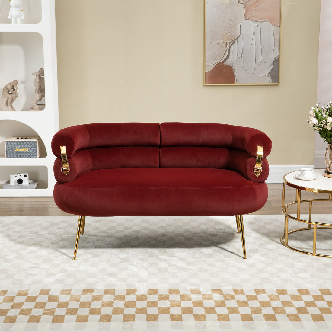 Coolmore Small Loveseat Sofa, Upholstered Mini Couch With Curved Backrest With Stylish Golden Decor, Small Comfy Beautiful Seat Leisure Accent Couch For Living Room, Bedroom, Office Wine Red Wine Red Foam Velvet