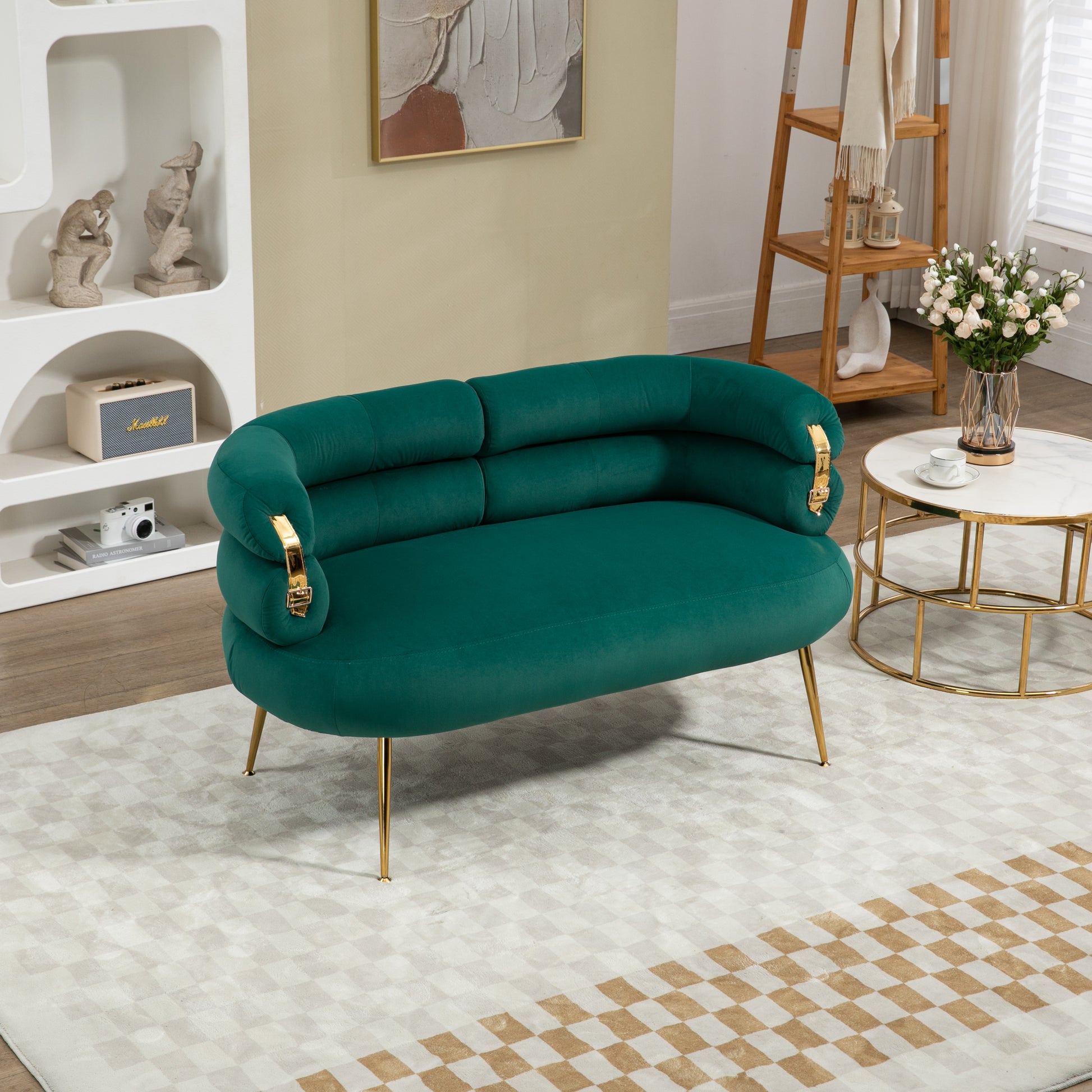 Coolmore Small Loveseat Sofa, Upholstered Mini Couch With Curved Backrest With Stylish Golden Decor, Small Comfy Beautiful Seat Leisure Accent Couch For Living Room, Bedroom, Office Green Green Foam Velvet