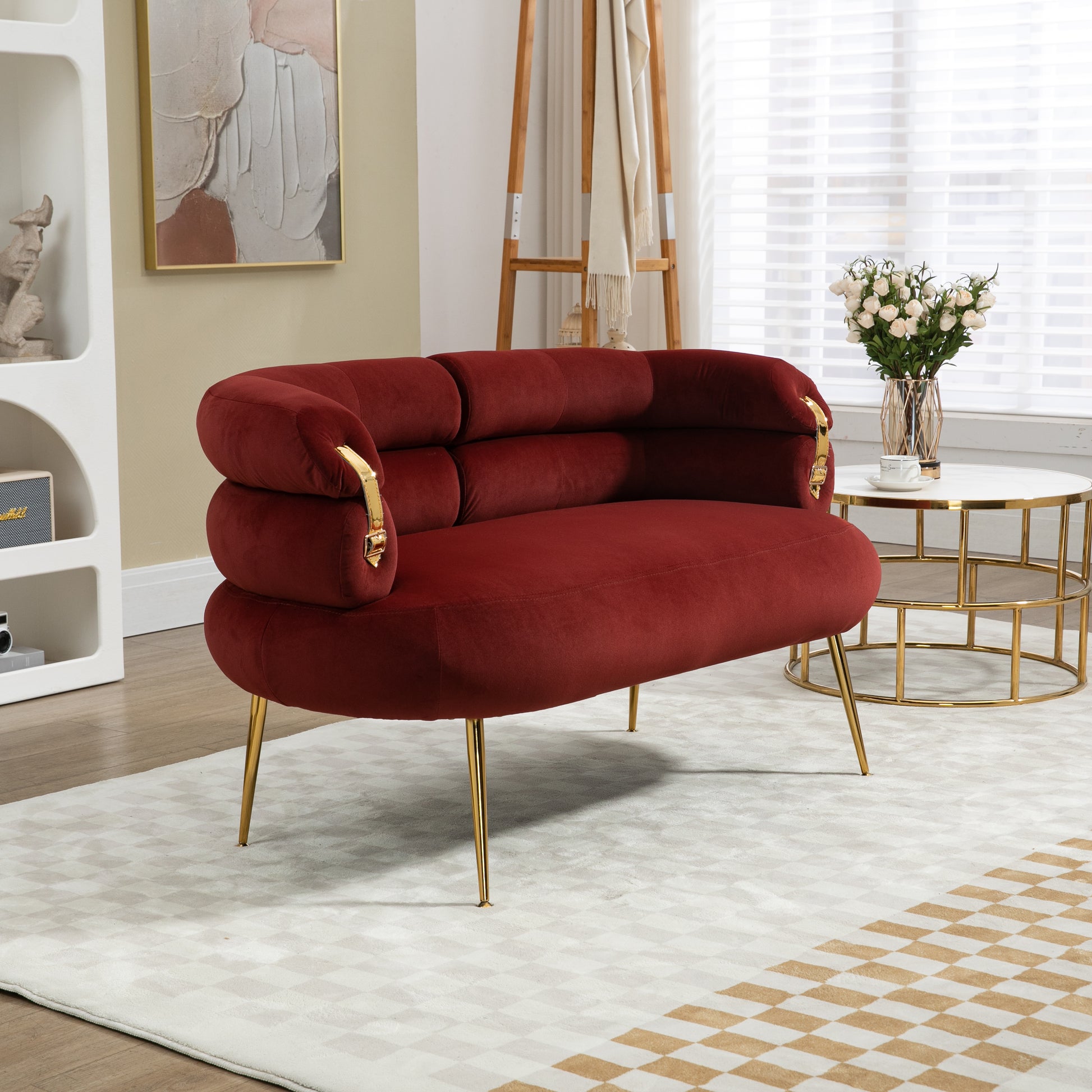 Coolmore Small Loveseat Sofa, Upholstered Mini Couch With Curved Backrest With Stylish Golden Decor, Small Comfy Beautiful Seat Leisure Accent Couch For Living Room, Bedroom, Office Wine Red Wine Red Foam Velvet