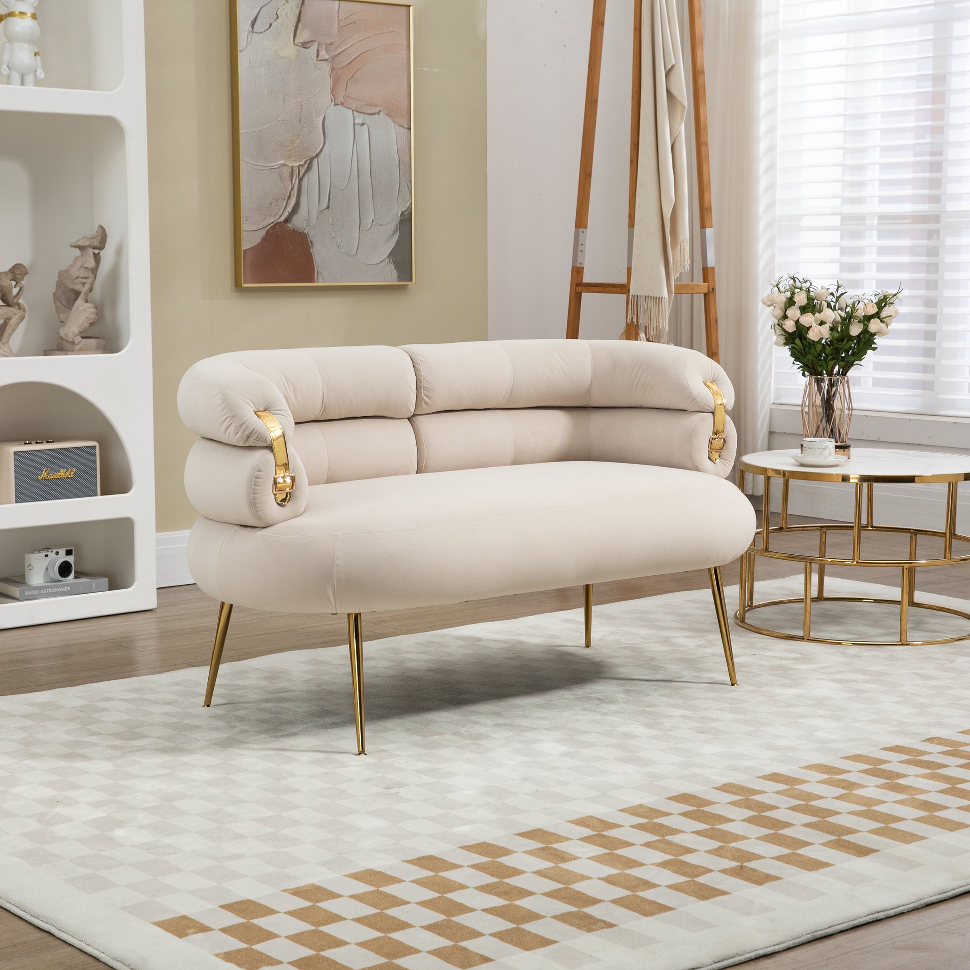 Coolmore Small Loveseat Sofa, Upholstered Mini Couch With Curved Backrest With Stylish Golden Decor, Small Comfy Beautiful Seat Leisure Accent Couch For Living Room, Bedroom, Office Beige Beige Foam Velvet