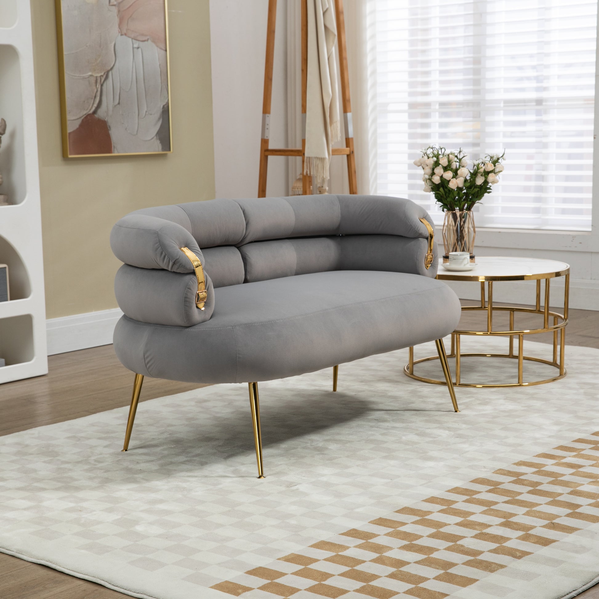 Coolmore Small Loveseat Sofa, Upholstered Mini Couch With Curved Backrest With Stylish Golden Decor, Small Comfy Beautiful Seat Leisure Accent Couch For Living Room, Bedroom, Office Gray Gray Foam Velvet