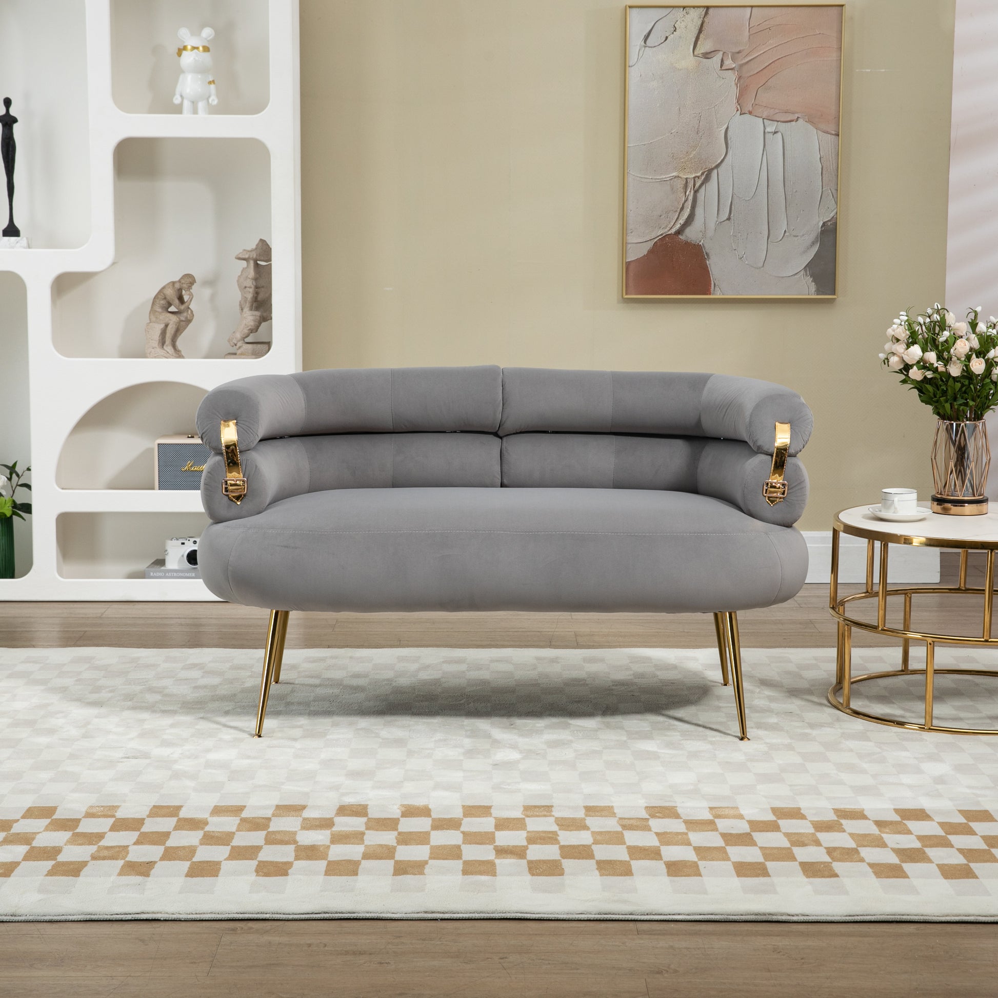 Coolmore Small Loveseat Sofa, Upholstered Mini Couch With Curved Backrest With Stylish Golden Decor, Small Comfy Beautiful Seat Leisure Accent Couch For Living Room, Bedroom, Office Gray Gray Foam Velvet