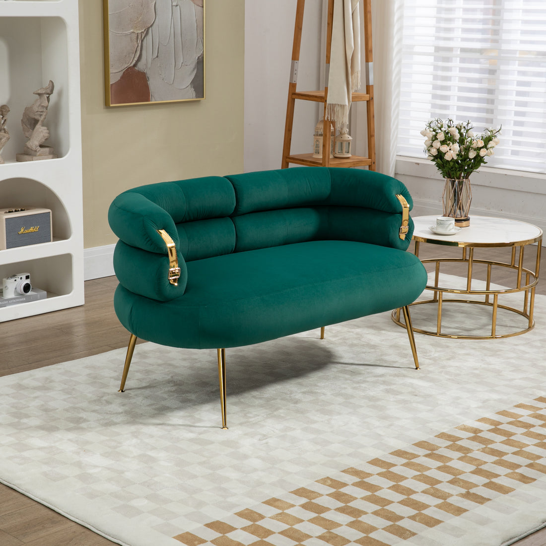 Coolmore Small Loveseat Sofa, Upholstered Mini Couch With Curved Backrest With Stylish Golden Decor, Small Comfy Beautiful Seat Leisure Accent Couch For Living Room, Bedroom, Office Green Green Foam Velvet