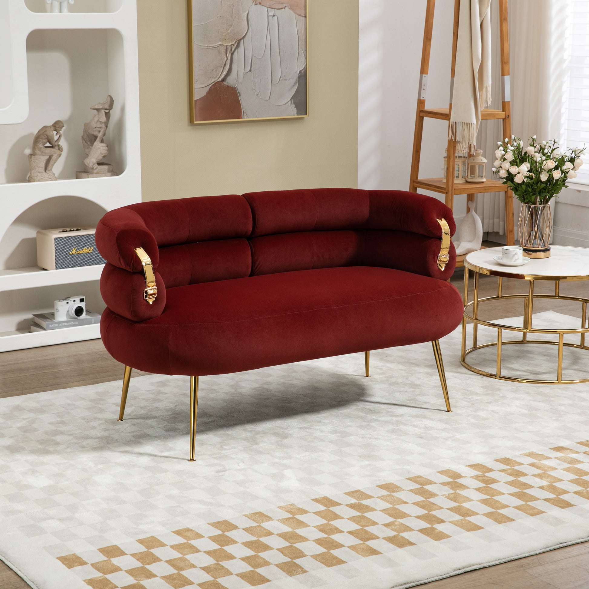 Coolmore Small Loveseat Sofa, Upholstered Mini Couch With Curved Backrest With Stylish Golden Decor, Small Comfy Beautiful Seat Leisure Accent Couch For Living Room, Bedroom, Office Wine Red Wine Red Foam Velvet