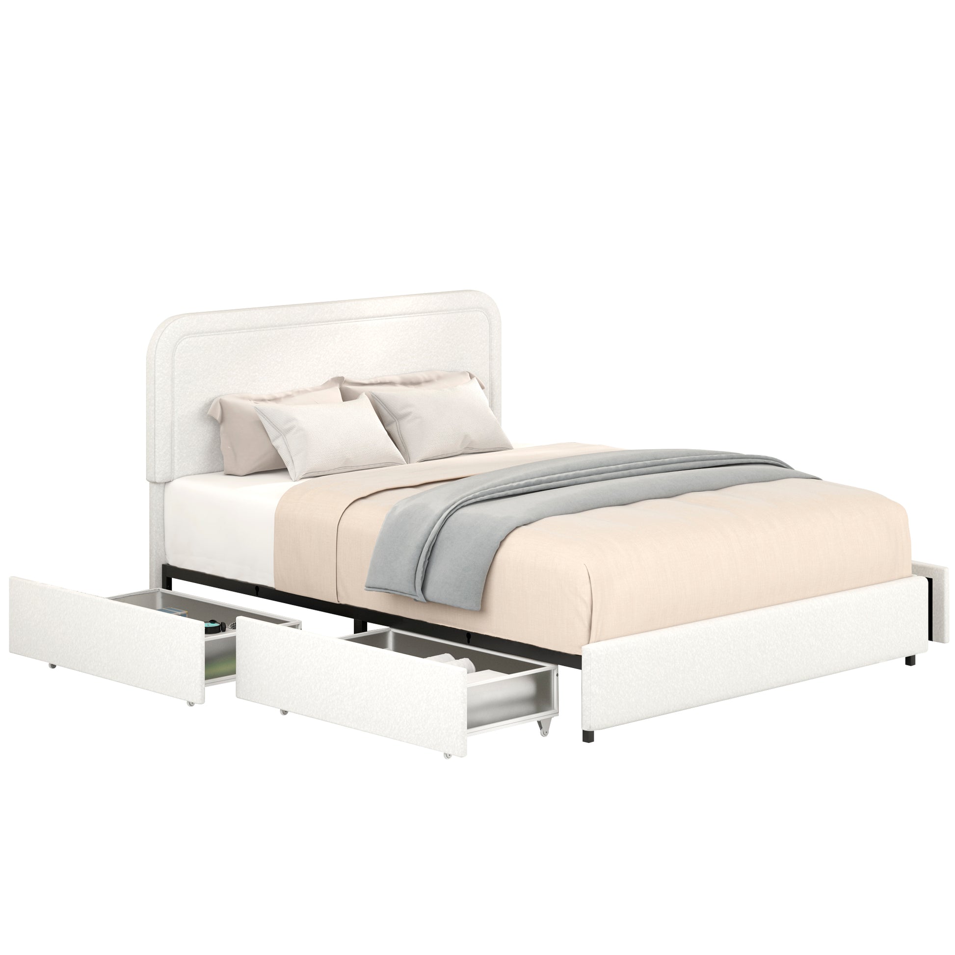 Same As B083119690 Liv Queen Size Ivory Boucle Upholstered Platform Bed With Patented 4 Drawers Storage, Curved Stitched Tufted Headboard, Wooden Slat Mattress Support, No Box Spring Needed Box