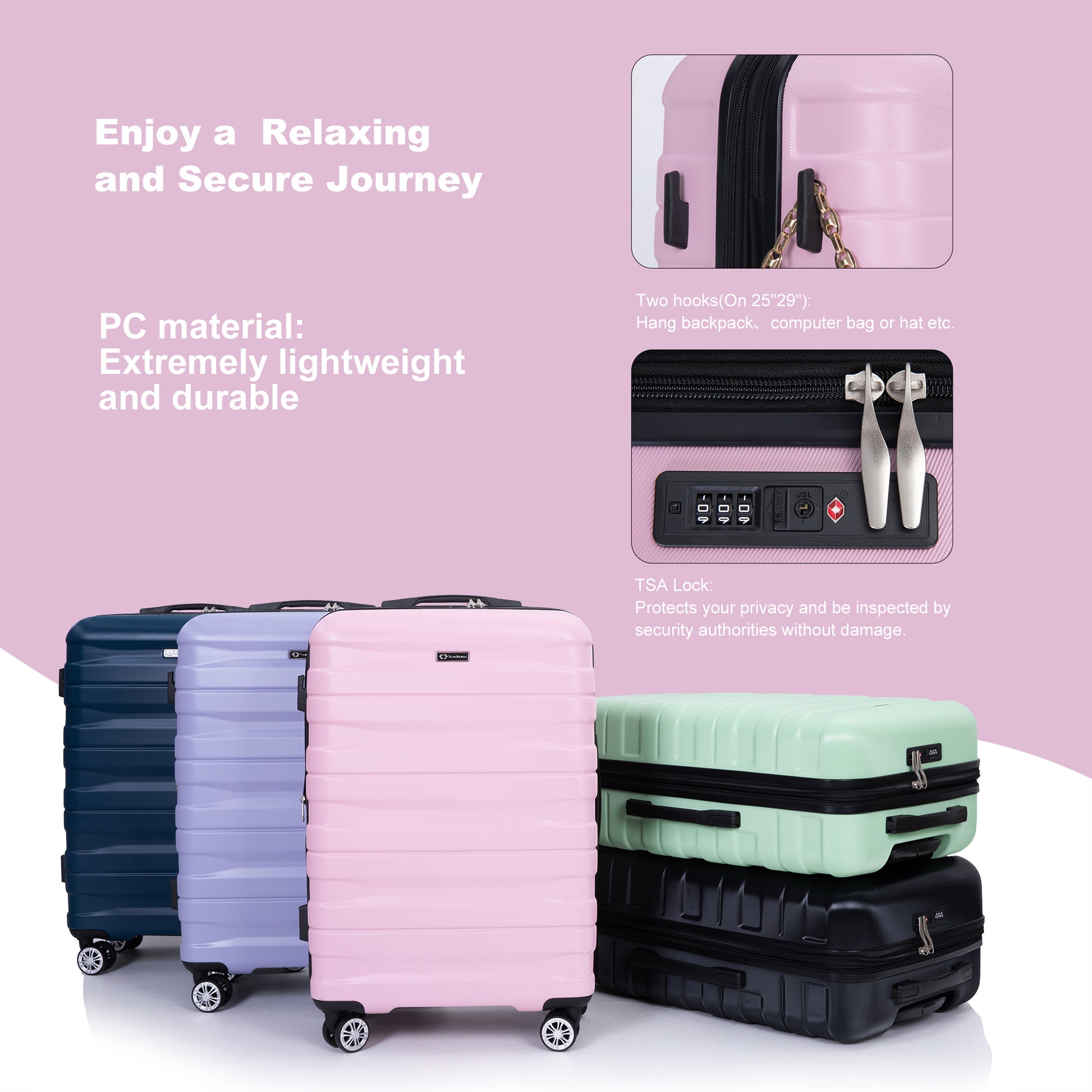 3 Piece Luggage Sets Pc Lightweight & Durable Expandable Suitcase With Two Hooks, Double Spinner Wheels, Tsa Lock, 21 25 29 Pink Pink Pc