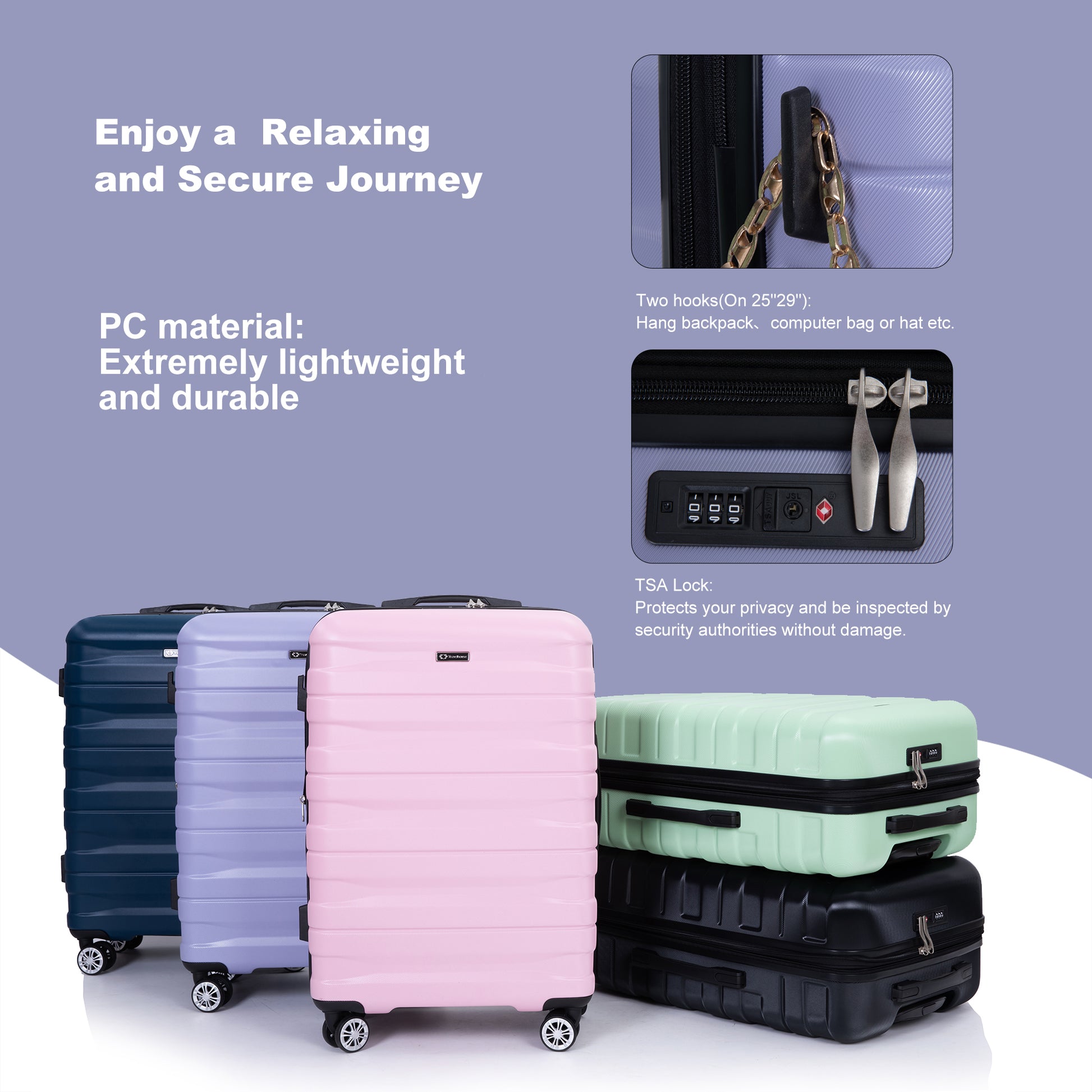 3 Piece Luggage Sets Pc Lightweight & Durable Expandable Suitcase With Two Hooks, Double Spinner Wheels, Tsa Lock, 21 25 29 Light Purple Light Purple Pc