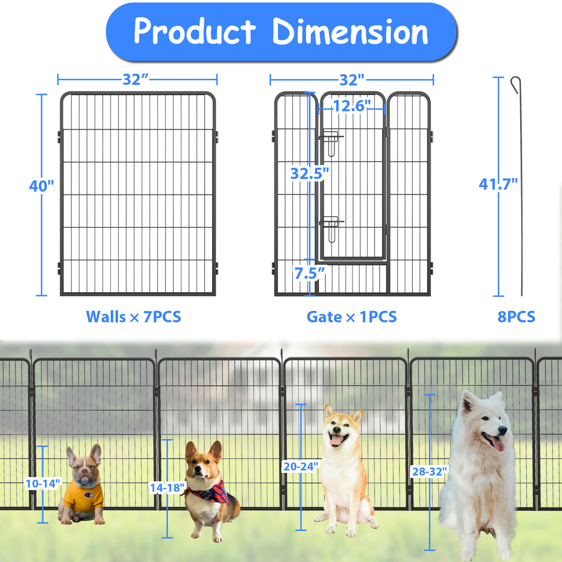 Heavy Duty Dog Pens Outdoor Dog Fence Dog Playpen For Large Dogs, 40"Dog Kennel Outdoor Pet Playpen With Doors 8 Panels Metal Exercise Pens Puppy Playpen Temporary Camping Fence For The Yard Black