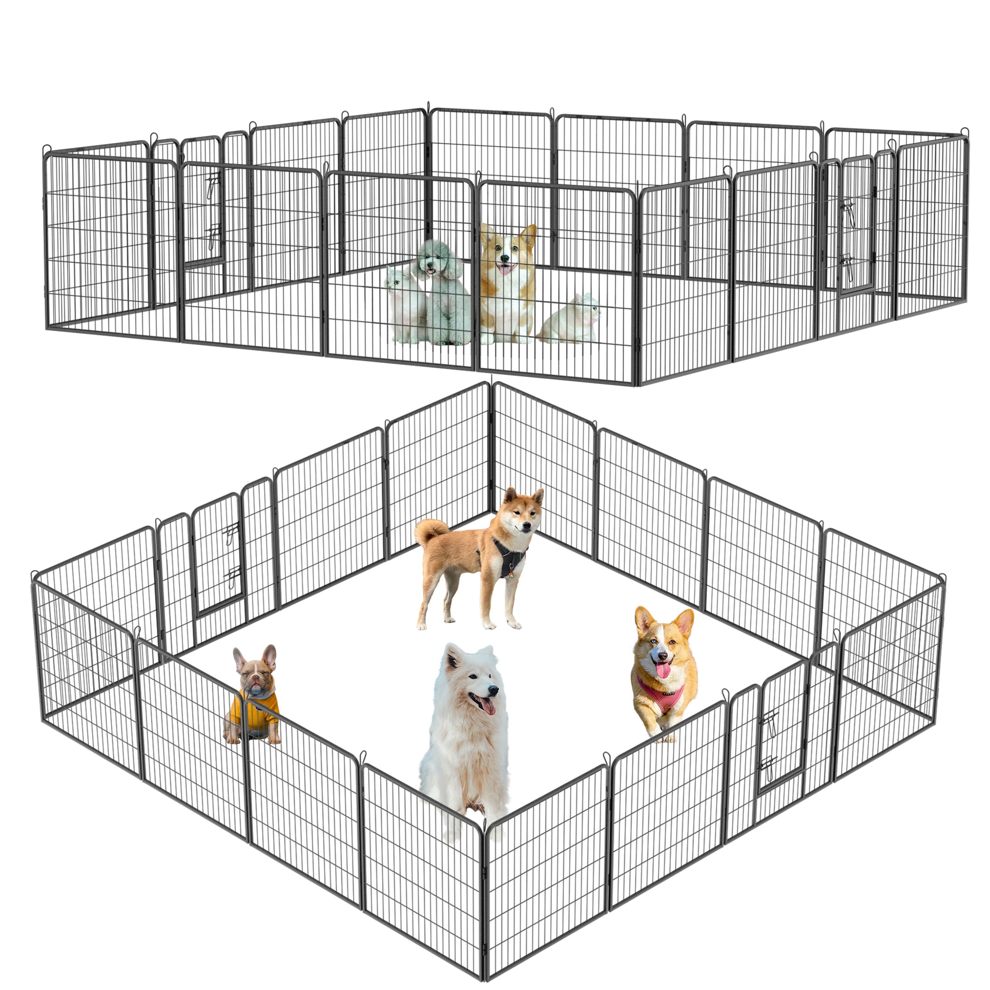 Dog Pens Outdoor 32" Height Foldable 16 Panels Heavy Duty Metal Portable Dog Playpen Indoor Anti Rust Exercise Dog Fence With Doors For Large Medium Small Pets Play Pen For Rv Camping Yard Black