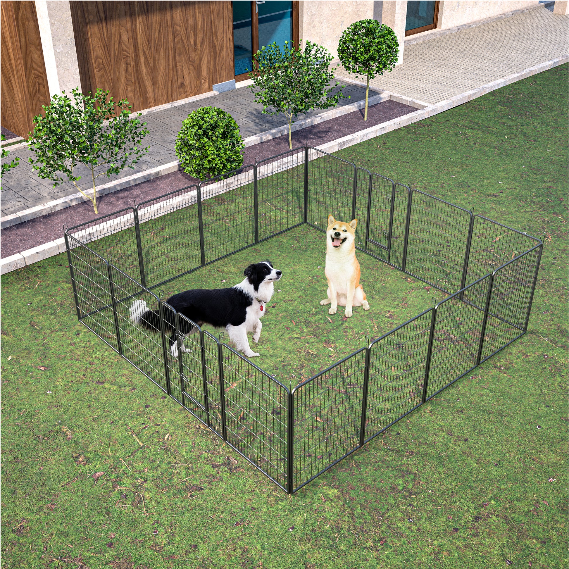 Dog Playpen Outdoor, 16 Panels Dog Pen 40" Height Dog Fence Exercise Pen With Doors For Large Medium Small Dogs, Portable Pet Playpen For Yard, Rv, Camping, Hammer Paint Finish Black Metal