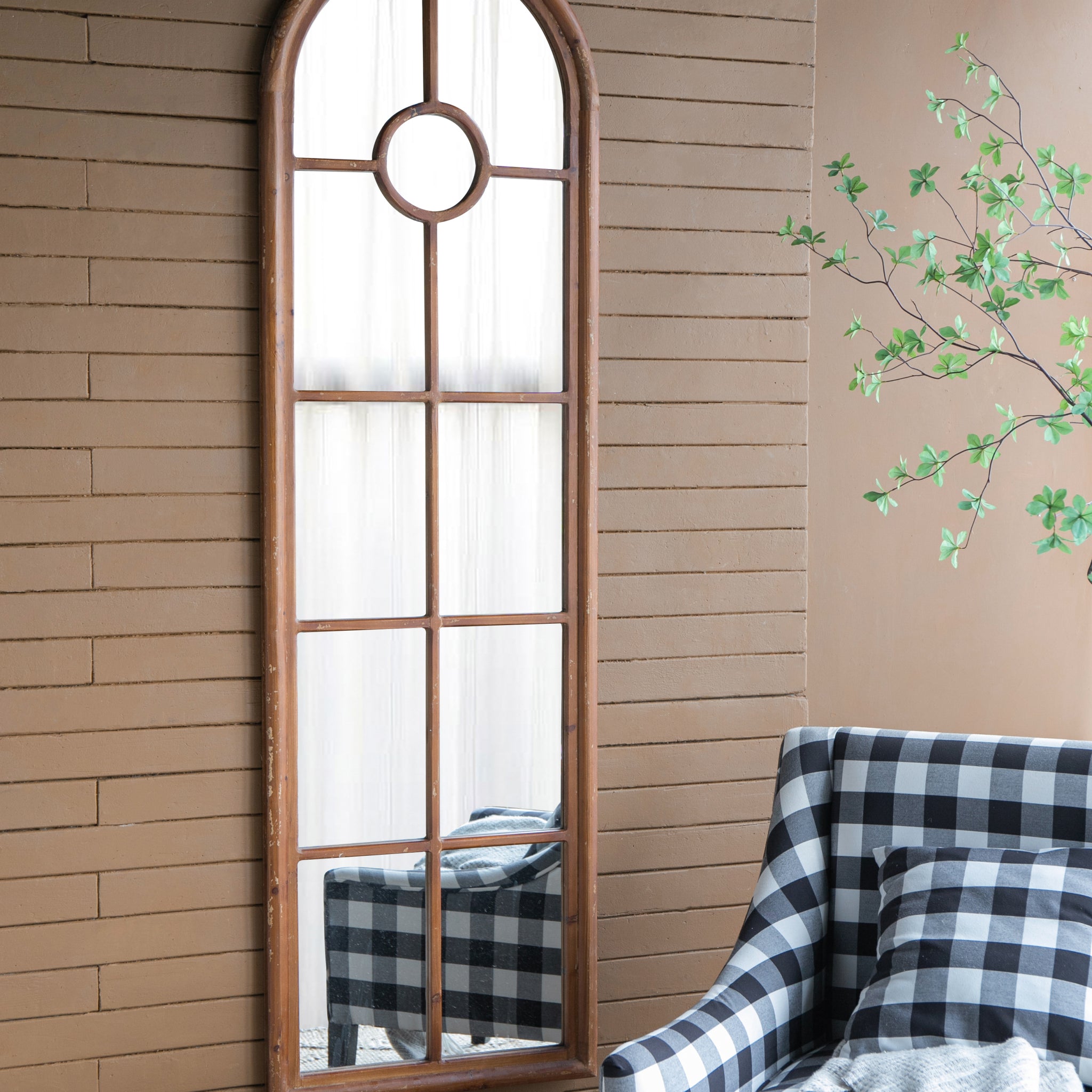 24X79" Half Round Elongated Mirror With Decorative Window Look Classic Architecture Style Solid Fir Wood Interior Decor Brown Wood Glass